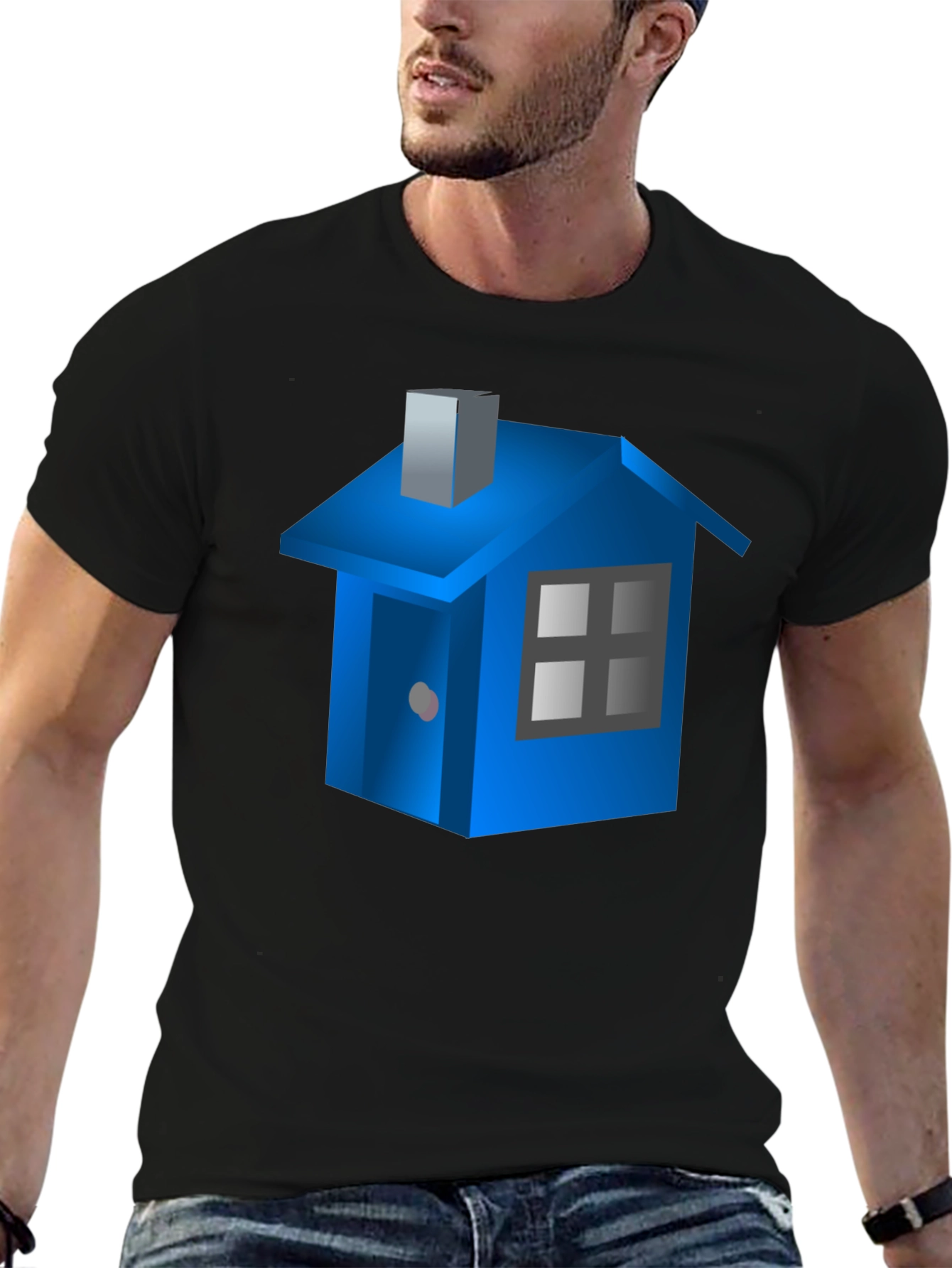 Blue House Graphic Black T-Shirt