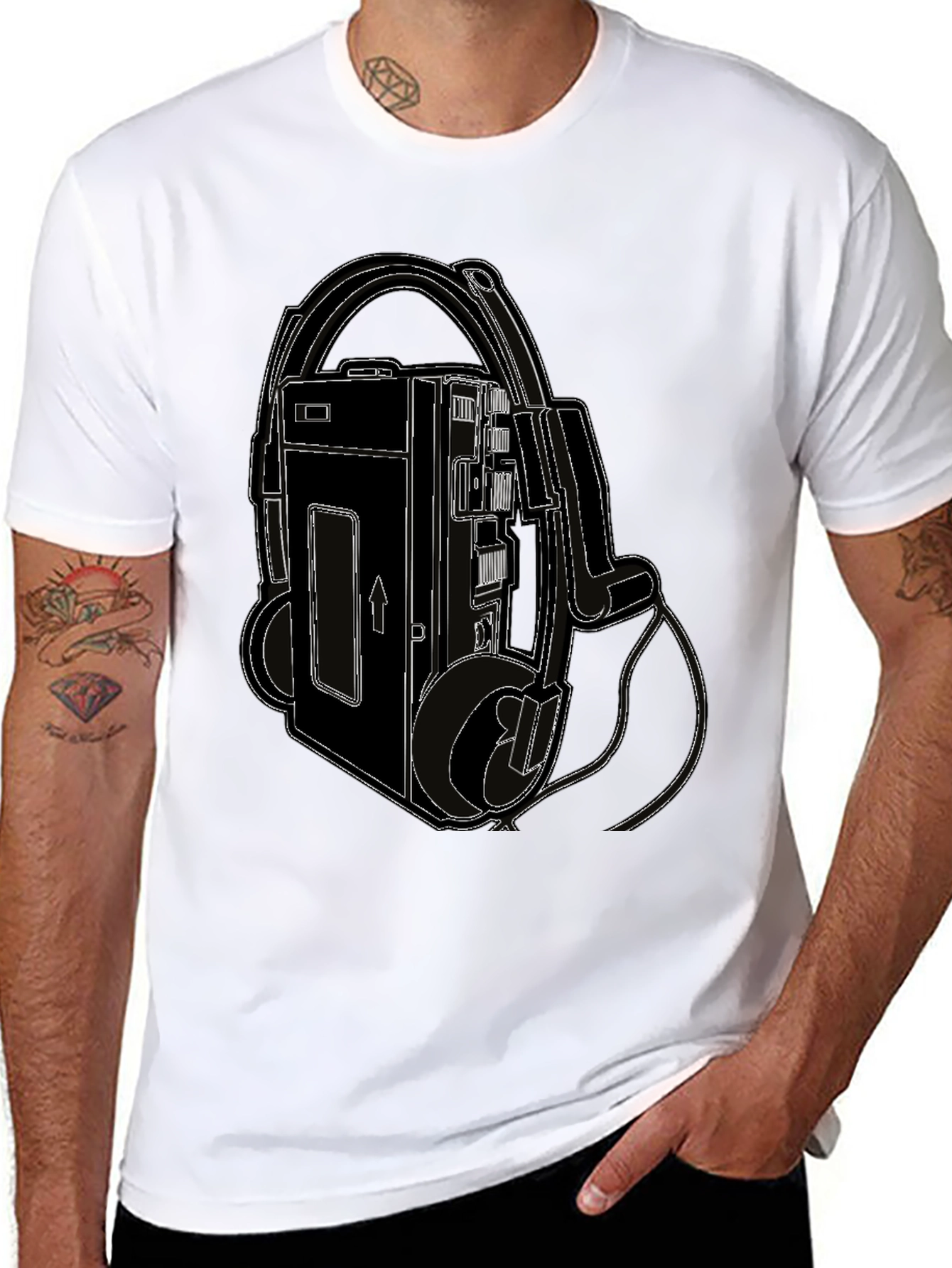 Retro Walkman Tee - Black Cotton Graphic T-Shirt