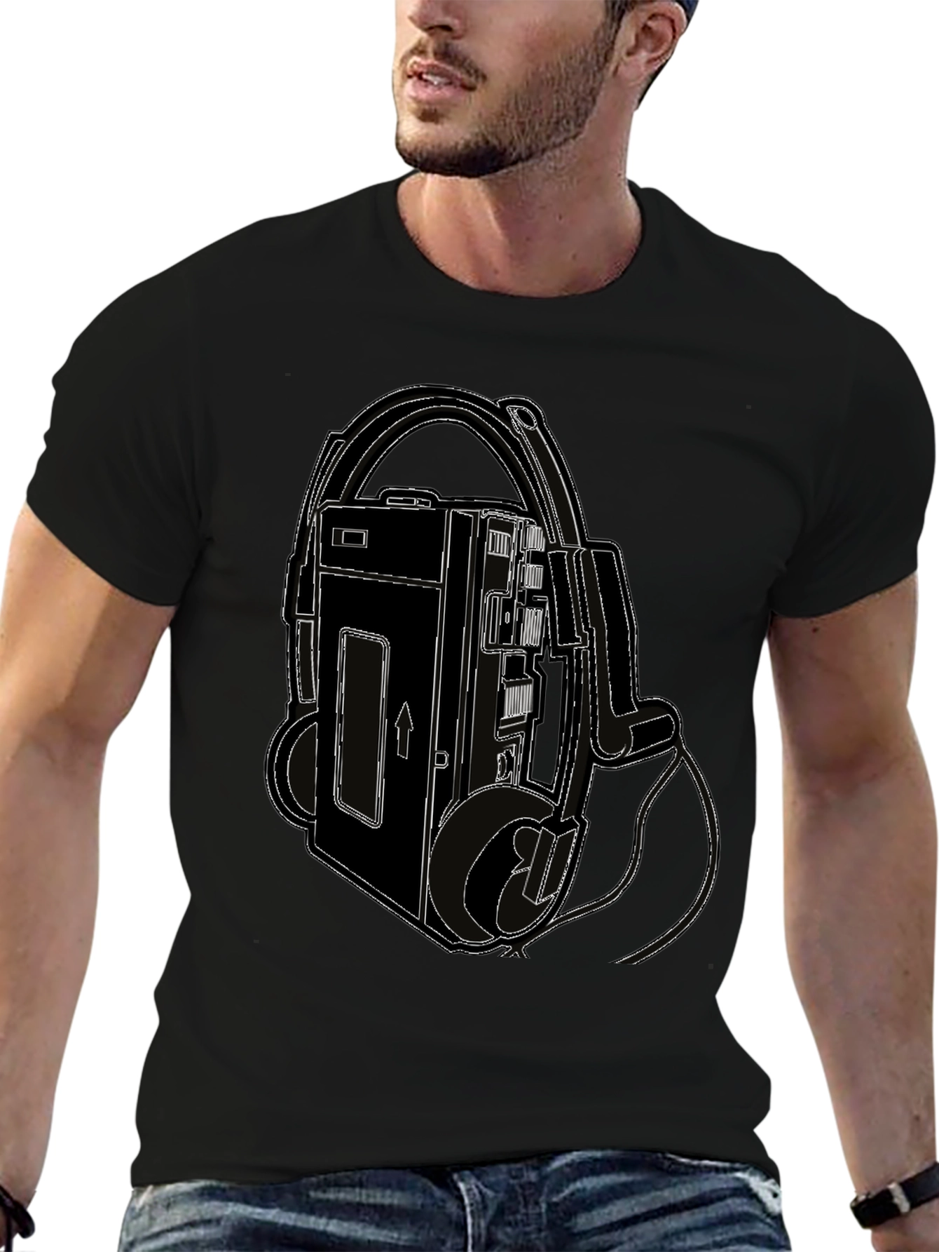Retro Walkman Tee - Black Cotton Graphic T-Shirt