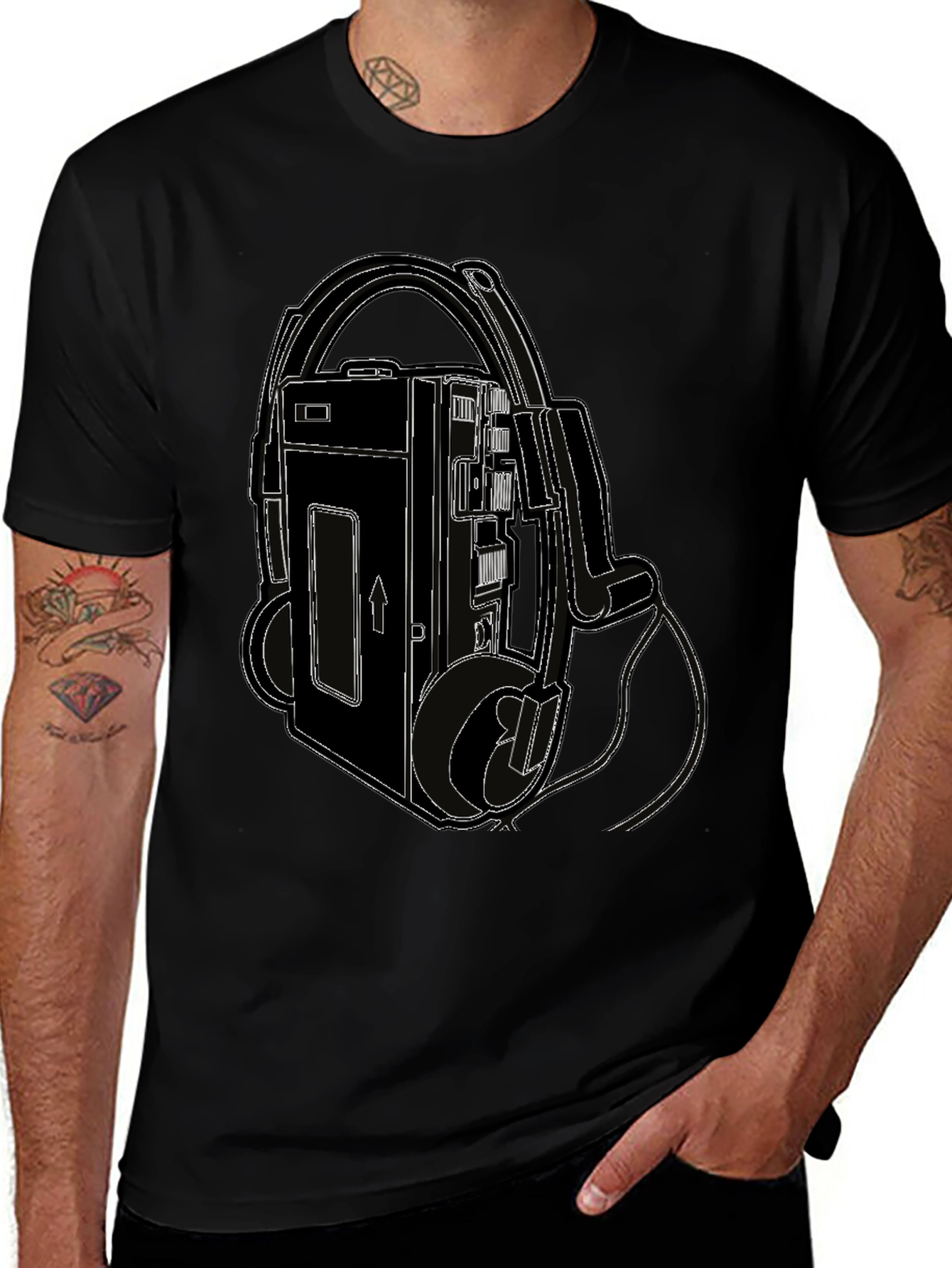 Retro Walkman Tee - Black Cotton Graphic T-Shirt