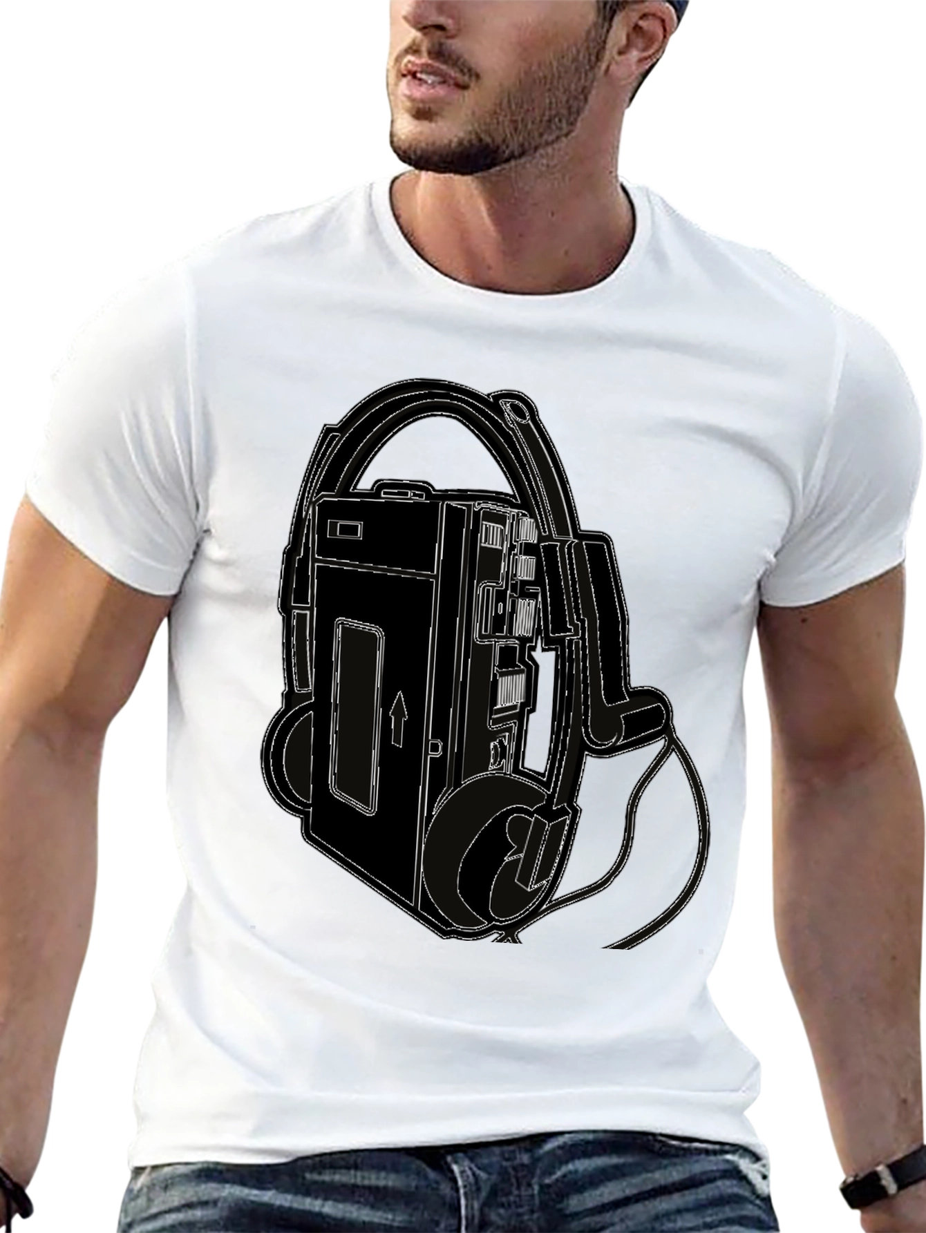 Retro Walkman Tee - Black Cotton Graphic T-Shirt