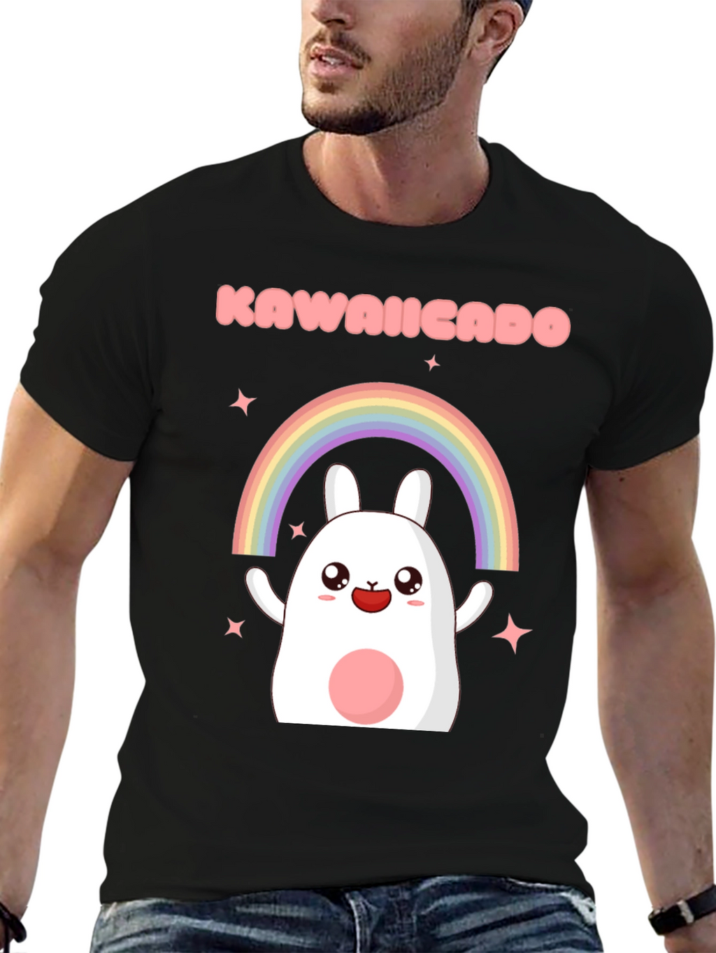Kawaii Rainbow Bunny Black T-Shirt