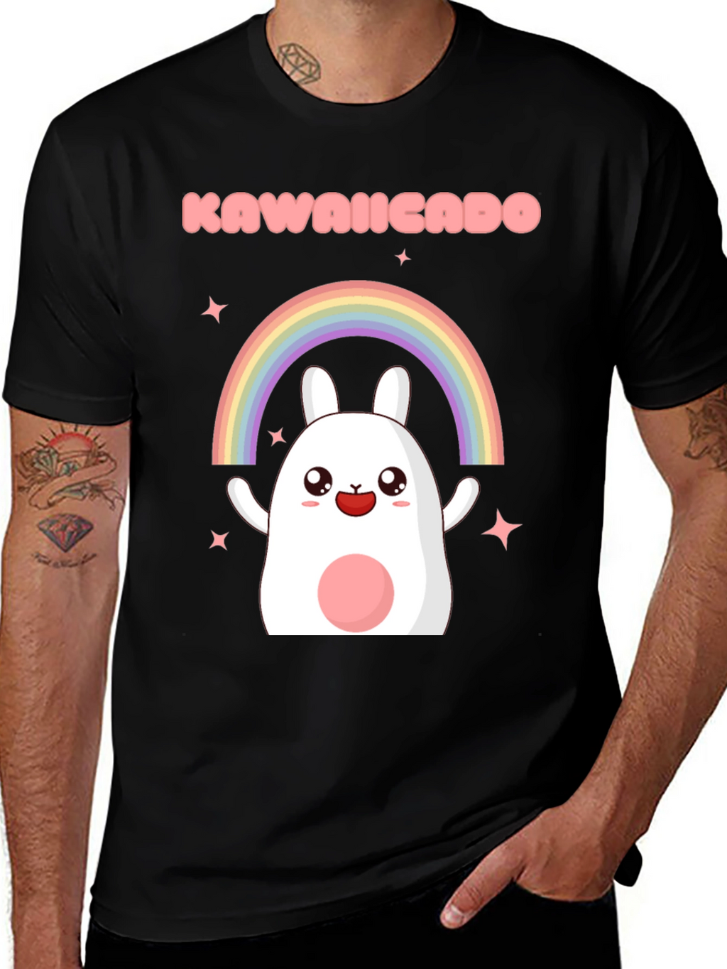 Kawaii Rainbow Bunny Black T-Shirt