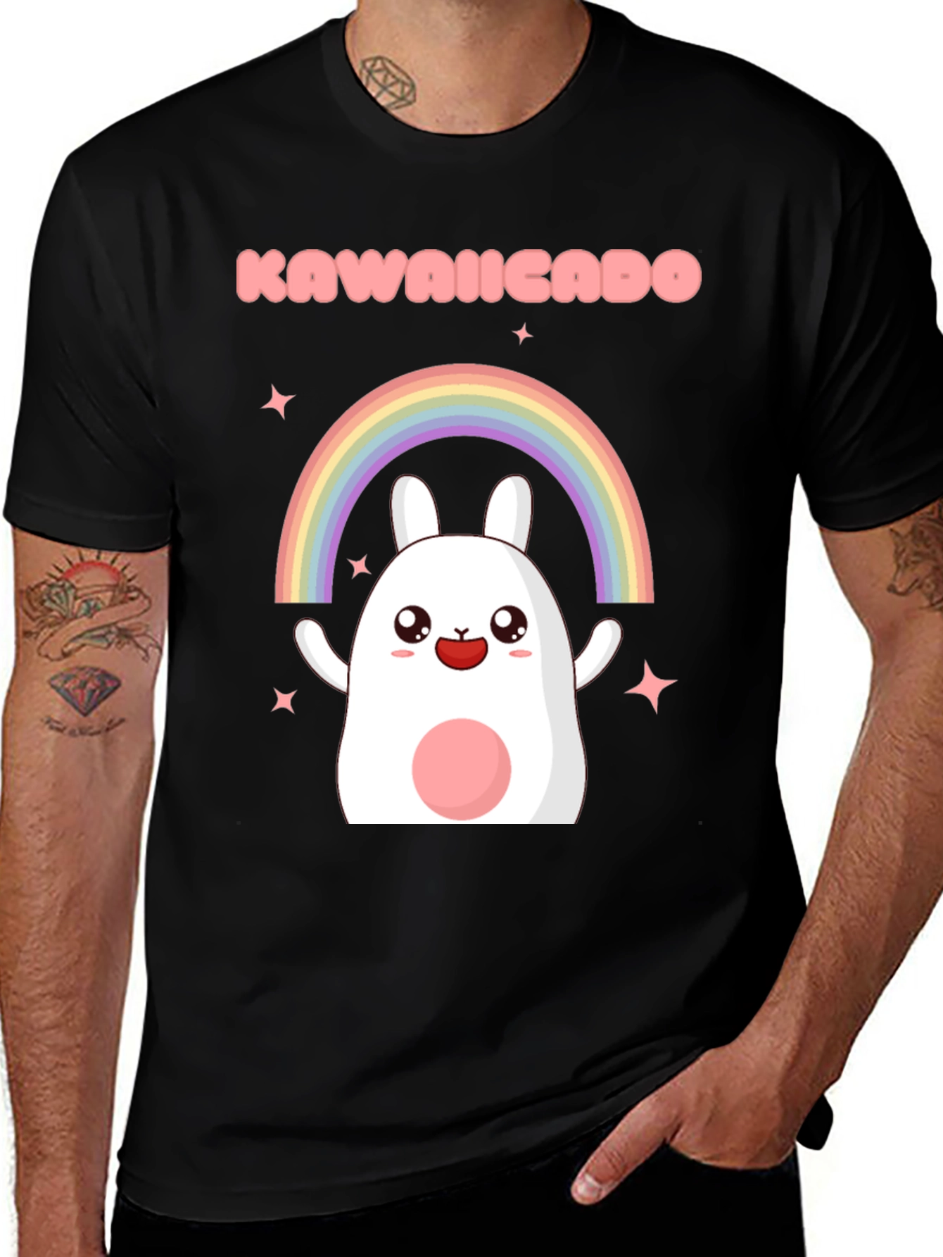 Kawaii Rainbow Bunny Black T-Shirt