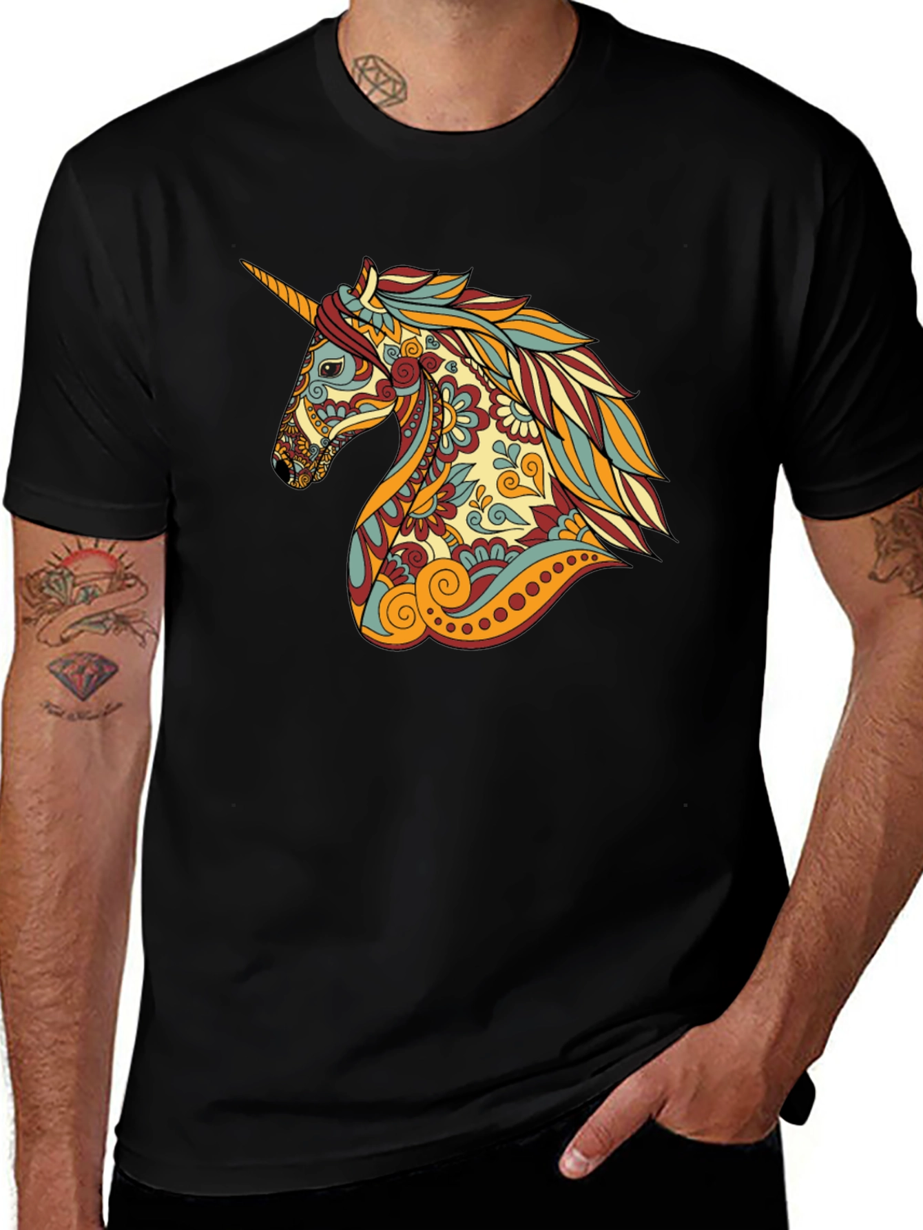 Unicorn Graphic Print Crew Neck Tee - Black