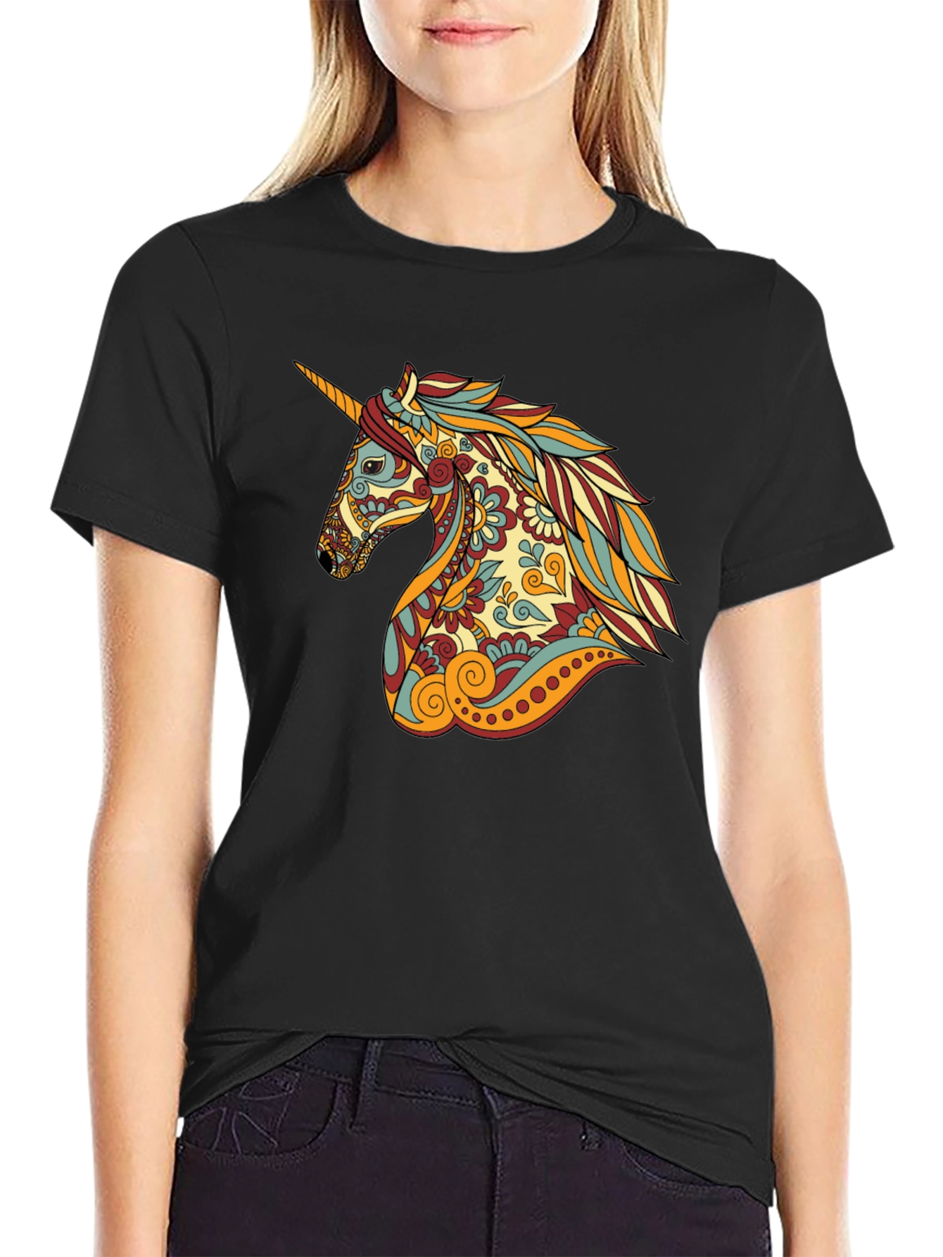 Unicorn Graphic Print Crew Neck Tee - Black