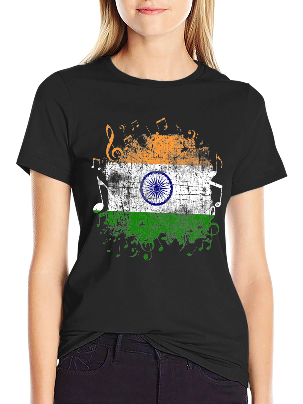 India Flag Music Graphic Mens Black T-Shirt