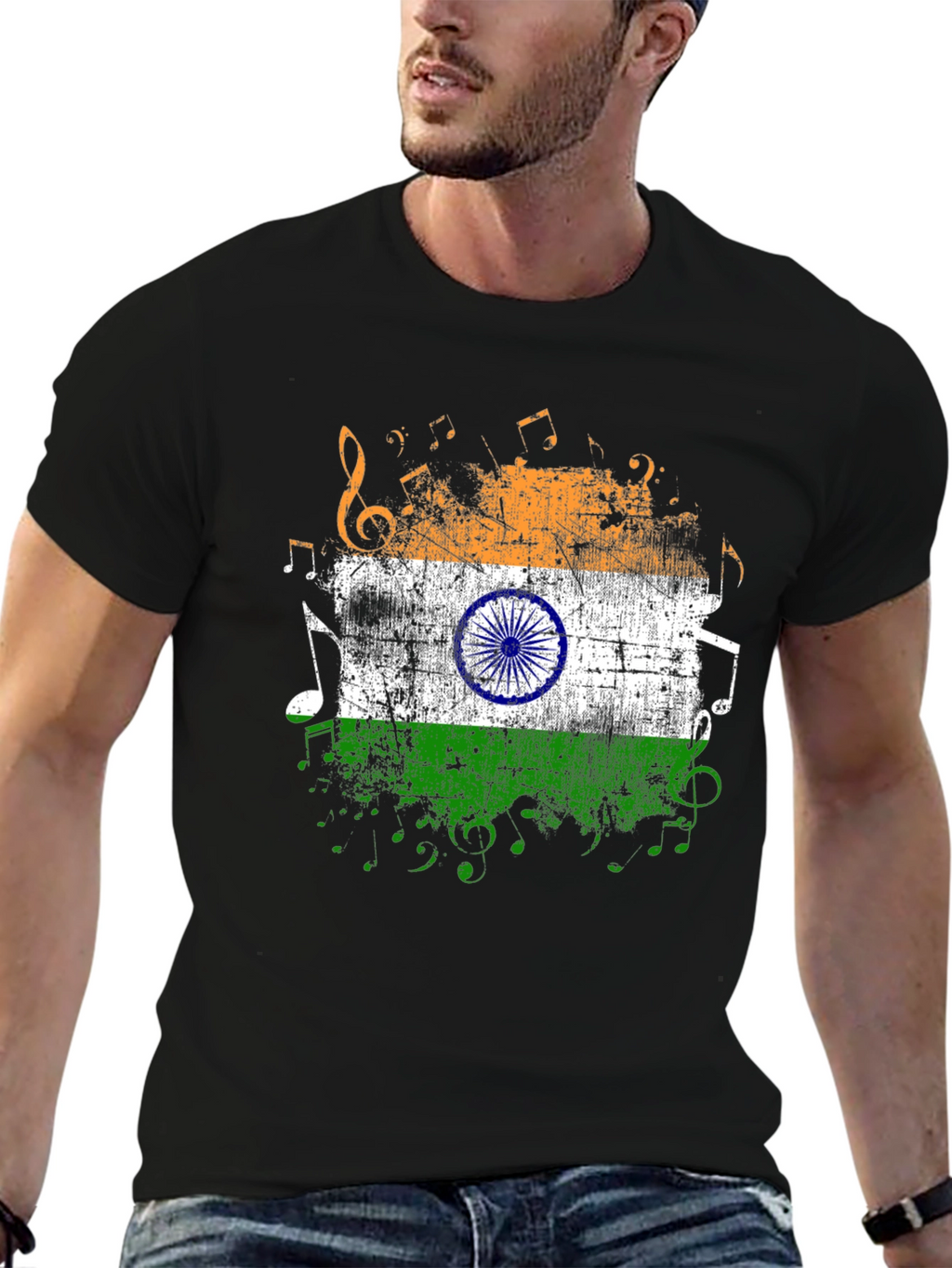 India Flag Music Graphic Mens Black T-Shirt