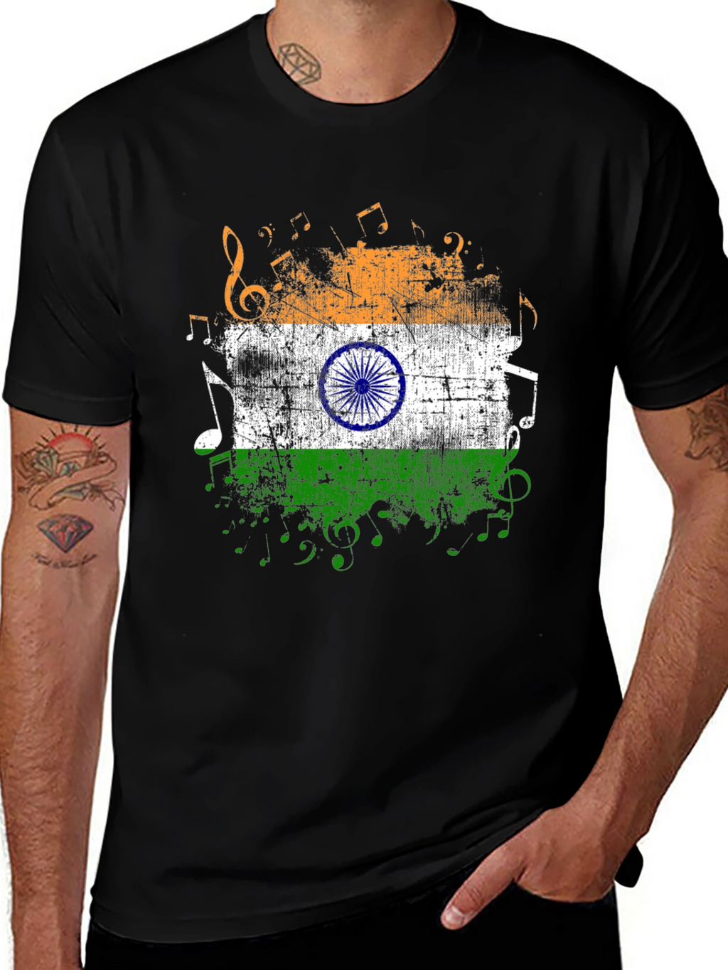 India Flag Music Graphic Mens Black T-Shirt