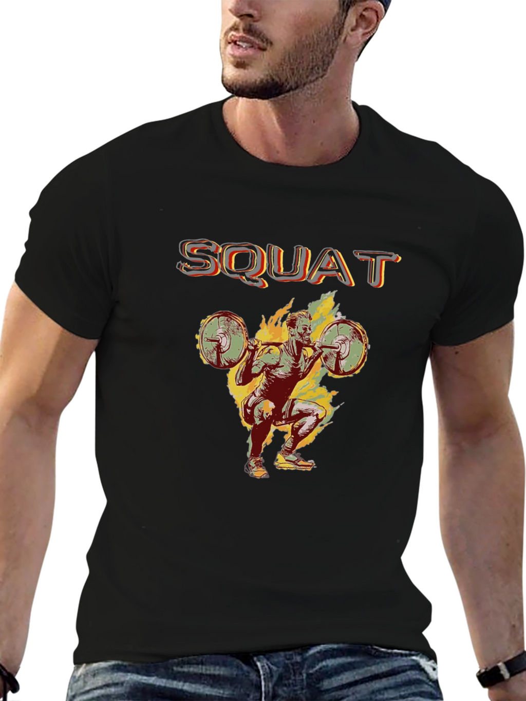 Squat Design Black Cotton T-Shirt