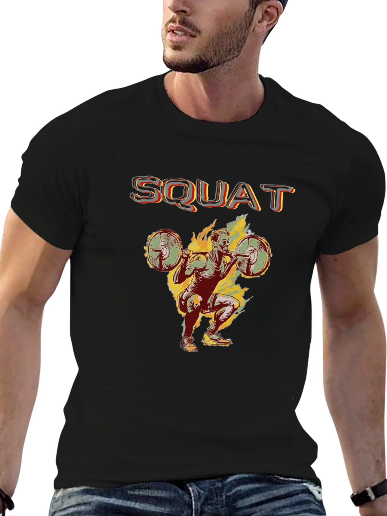 Squat Design Black Cotton T-Shirt