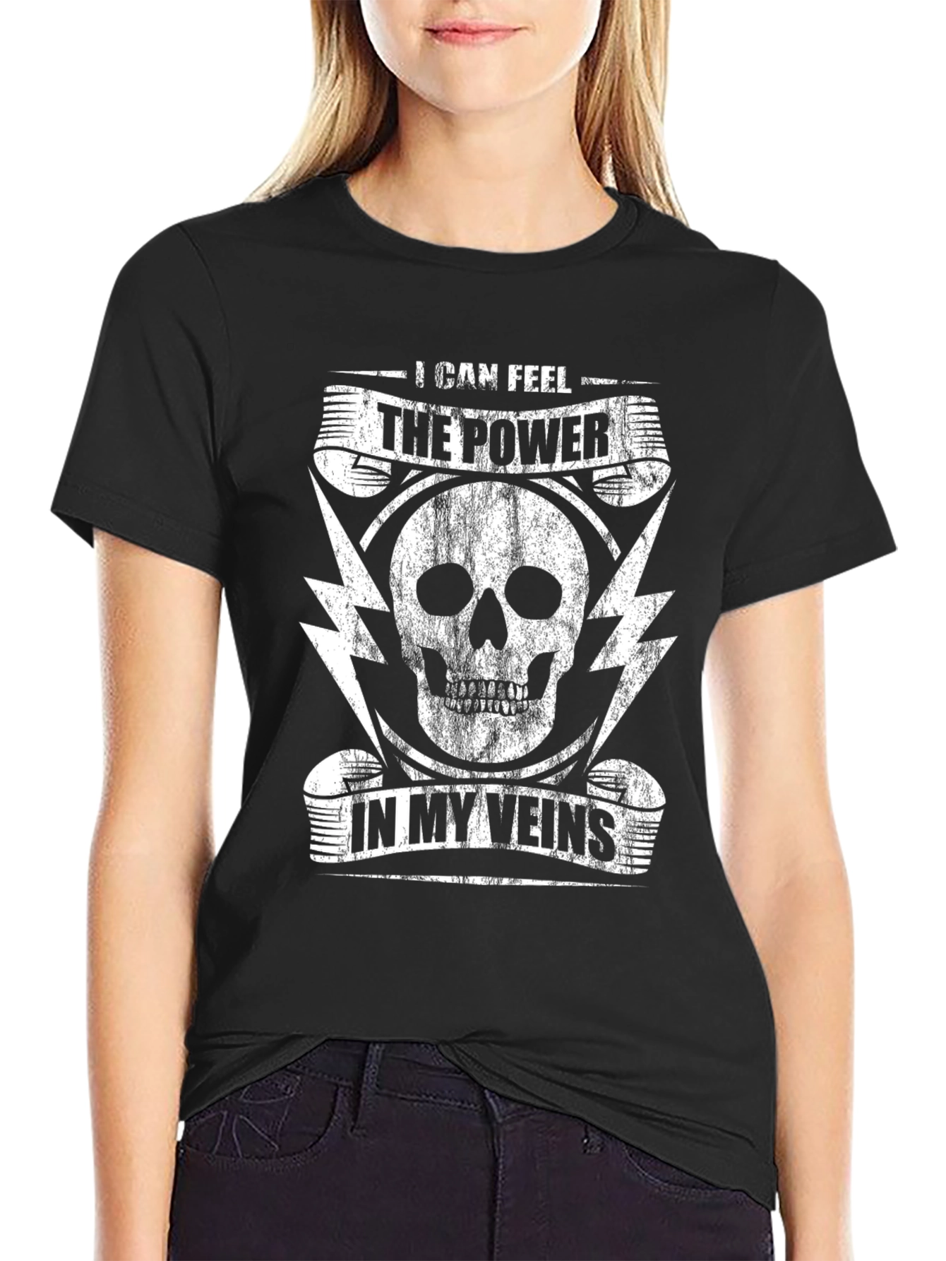 Power In Veins Skull Graphic Tee - Black Cotton T-Shirt