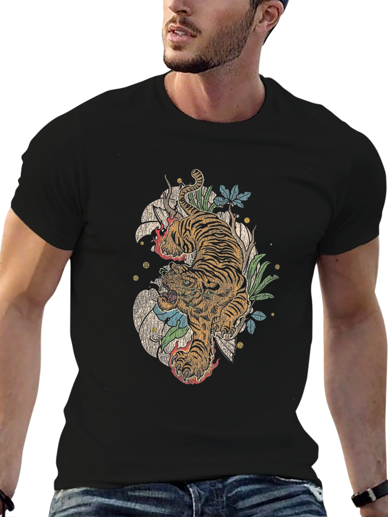 Tiger Graphic Print Crew Neck T-Shirt