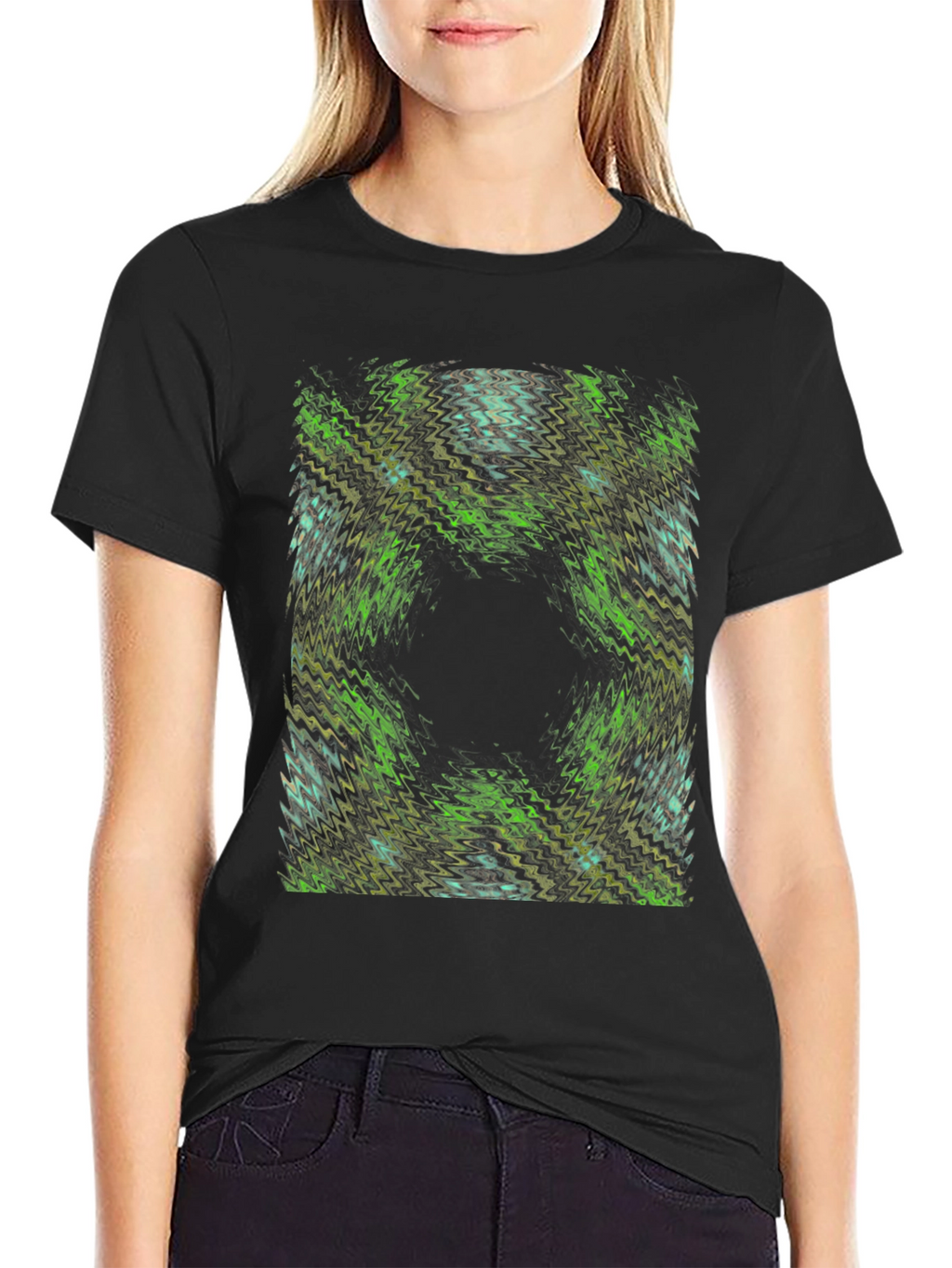Abstract Green Pattern Black T-Shirt