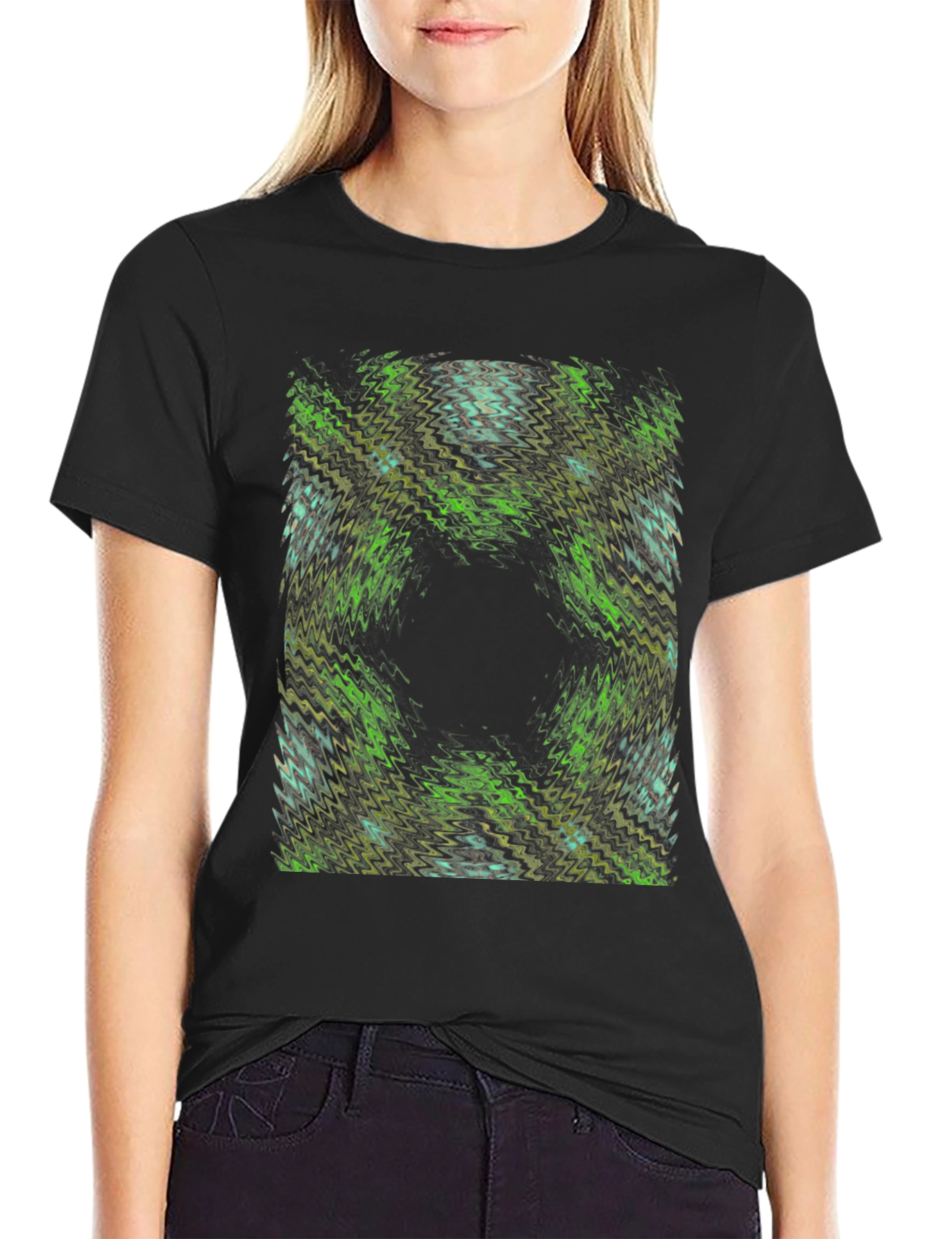 Abstract Green Pattern Black T-Shirt