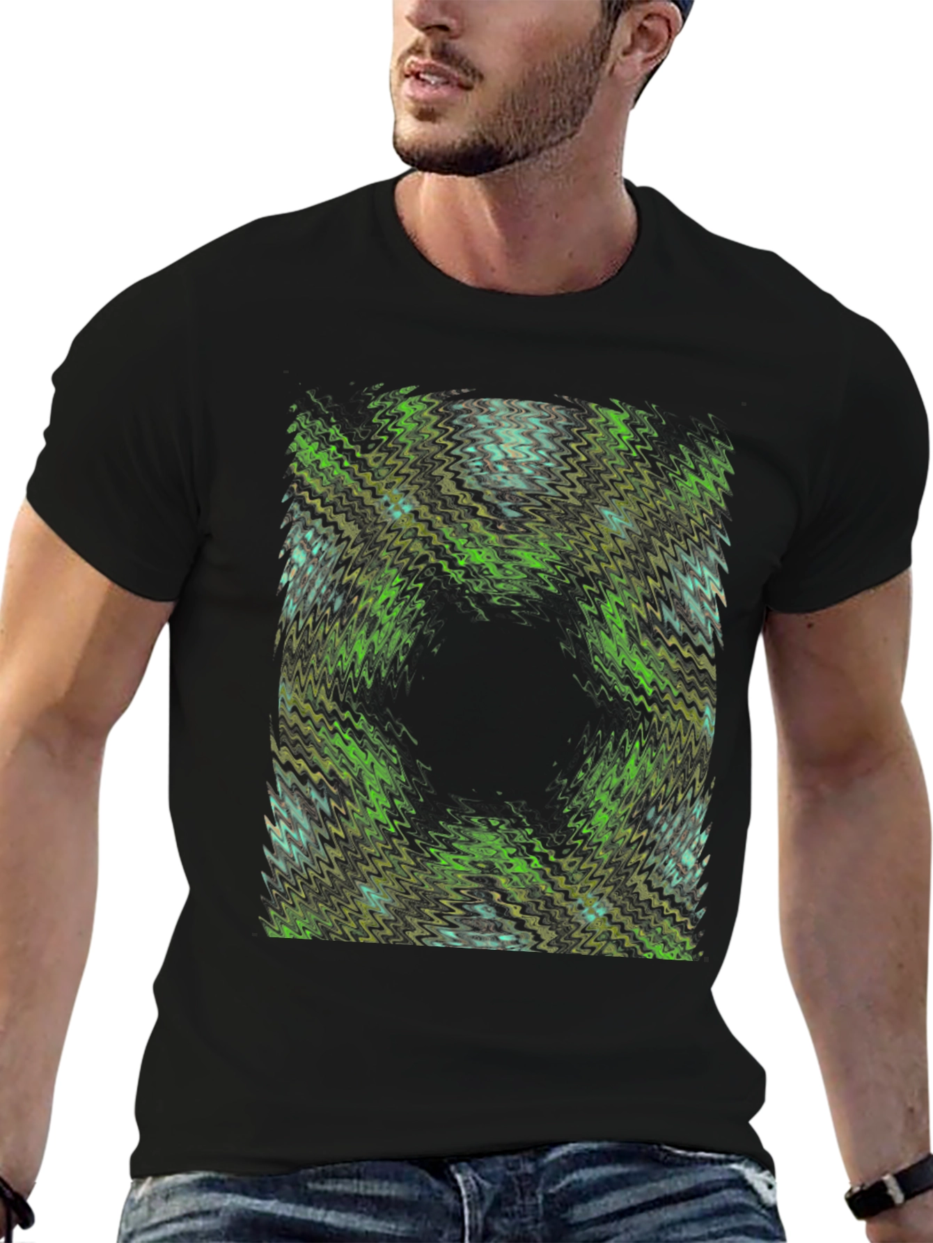 Abstract Green Pattern Black T-Shirt
