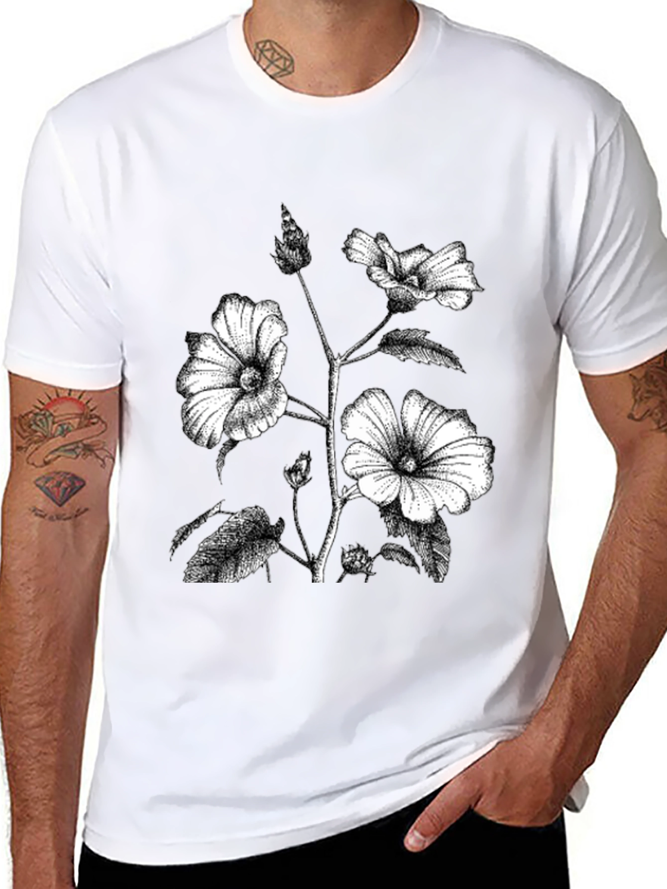 Black Floral Print Graphic Tee - Botanical Style