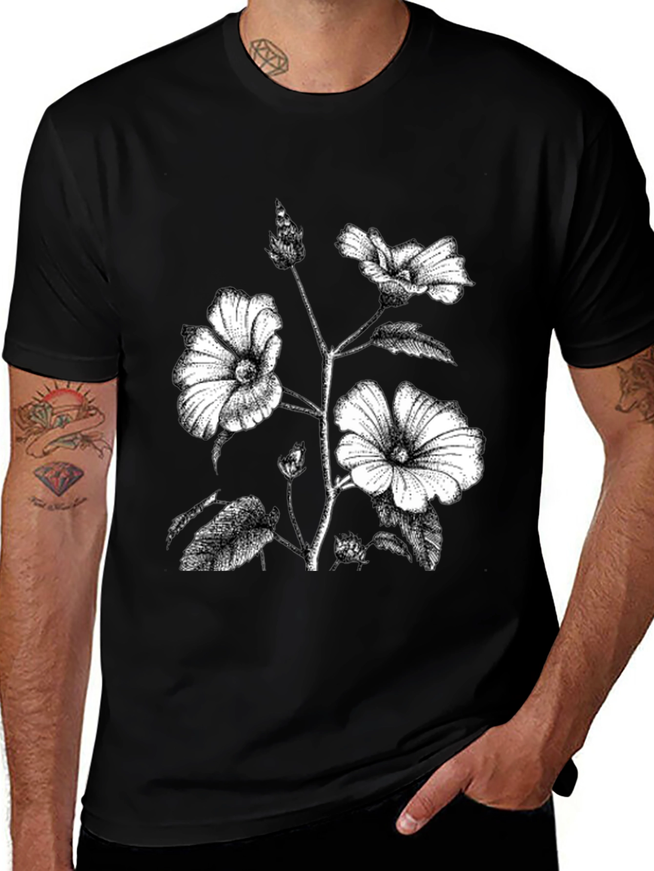 Black Floral Print Graphic Tee - Botanical Style