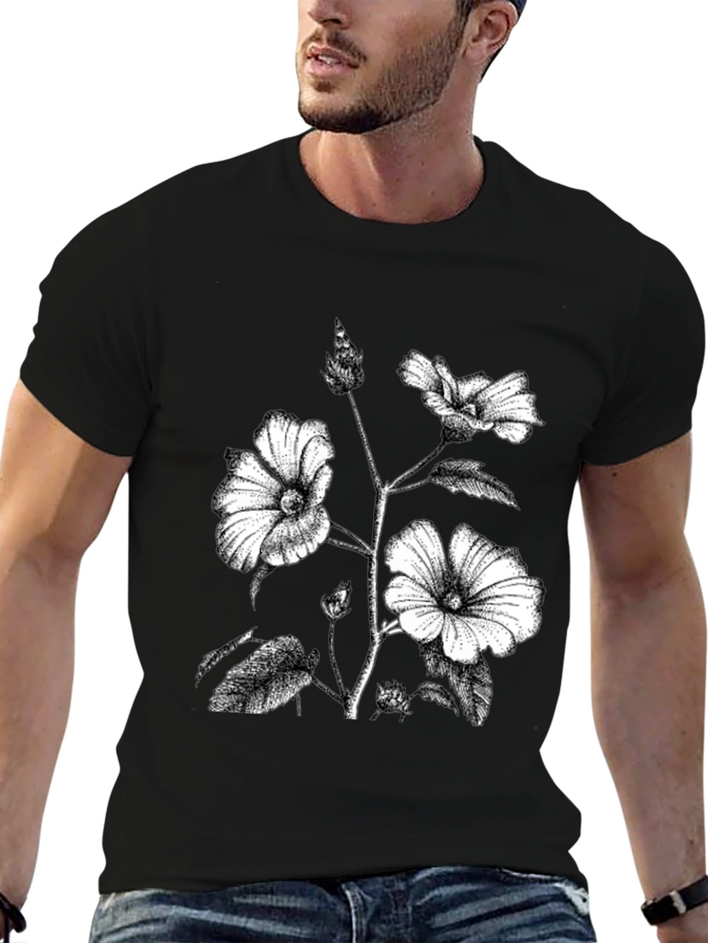 Black Floral Print Graphic Tee - Botanical Style