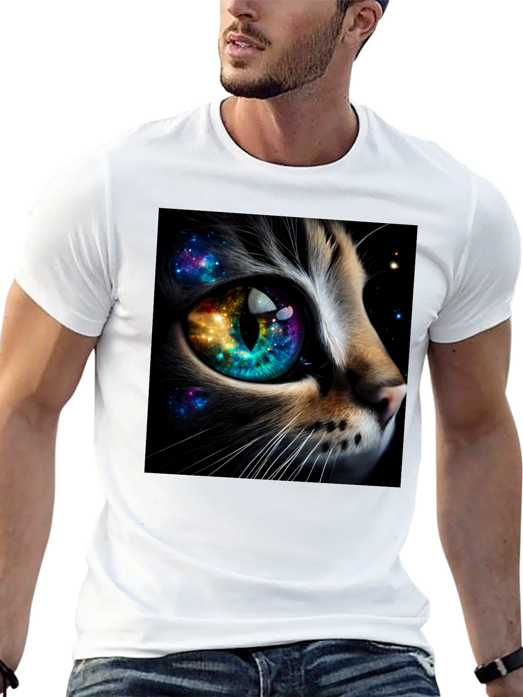 Cosmic Cat Eye T-Shirt - Unique Galaxy Design