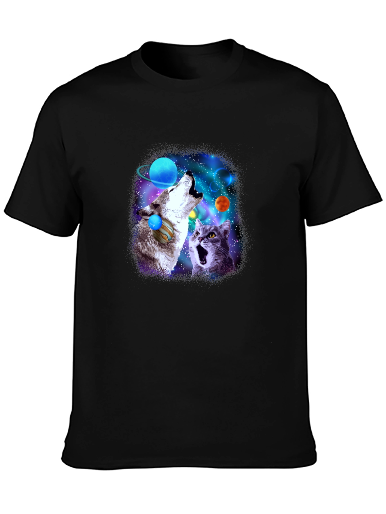 Galaxy Wolf and Cat Graphic Tee