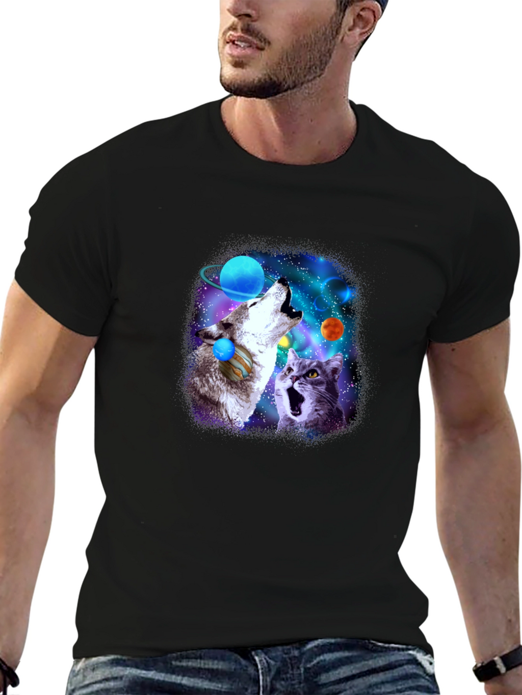 Galaxy Wolf and Cat Graphic Tee
