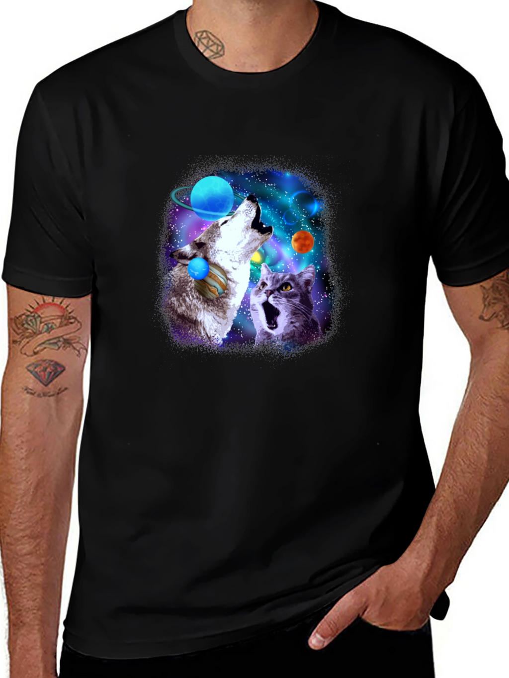 Galaxy Wolf and Cat Graphic Tee