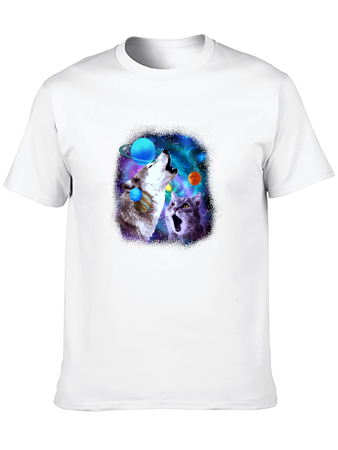 Galaxy Wolf and Cat Graphic Tee