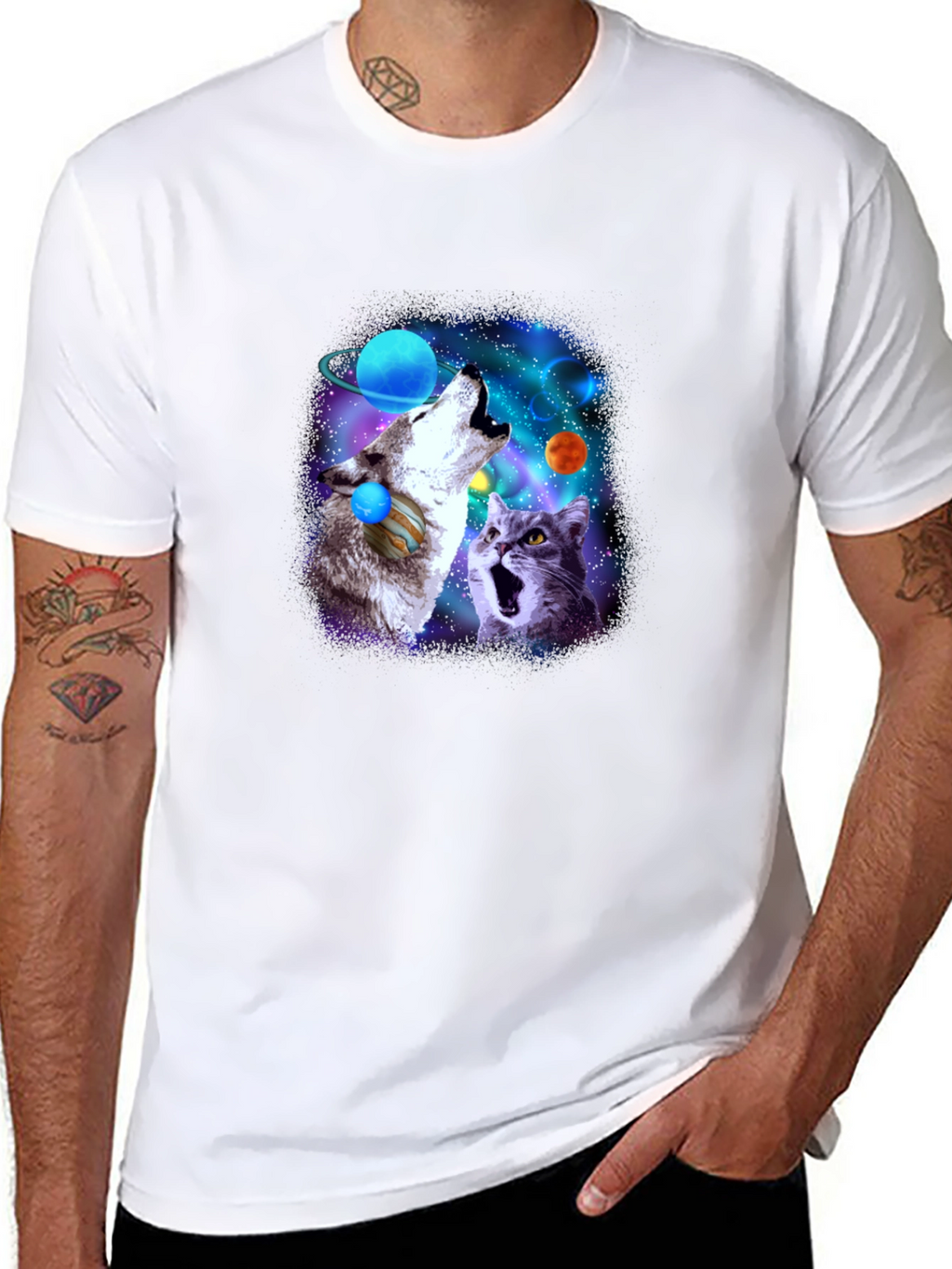 Galaxy Wolf and Cat Graphic Tee
