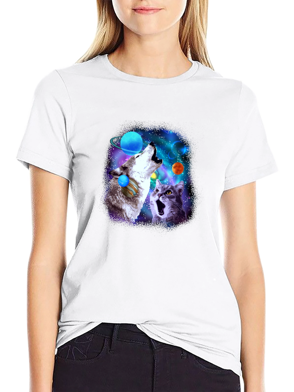 Galaxy Wolf and Cat Graphic Tee