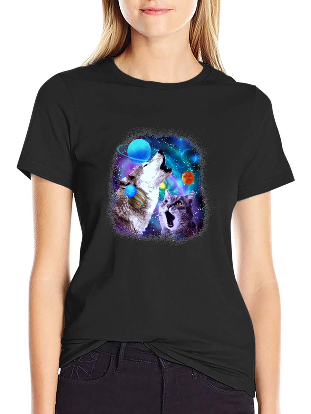 Galaxy Wolf and Cat Graphic Tee