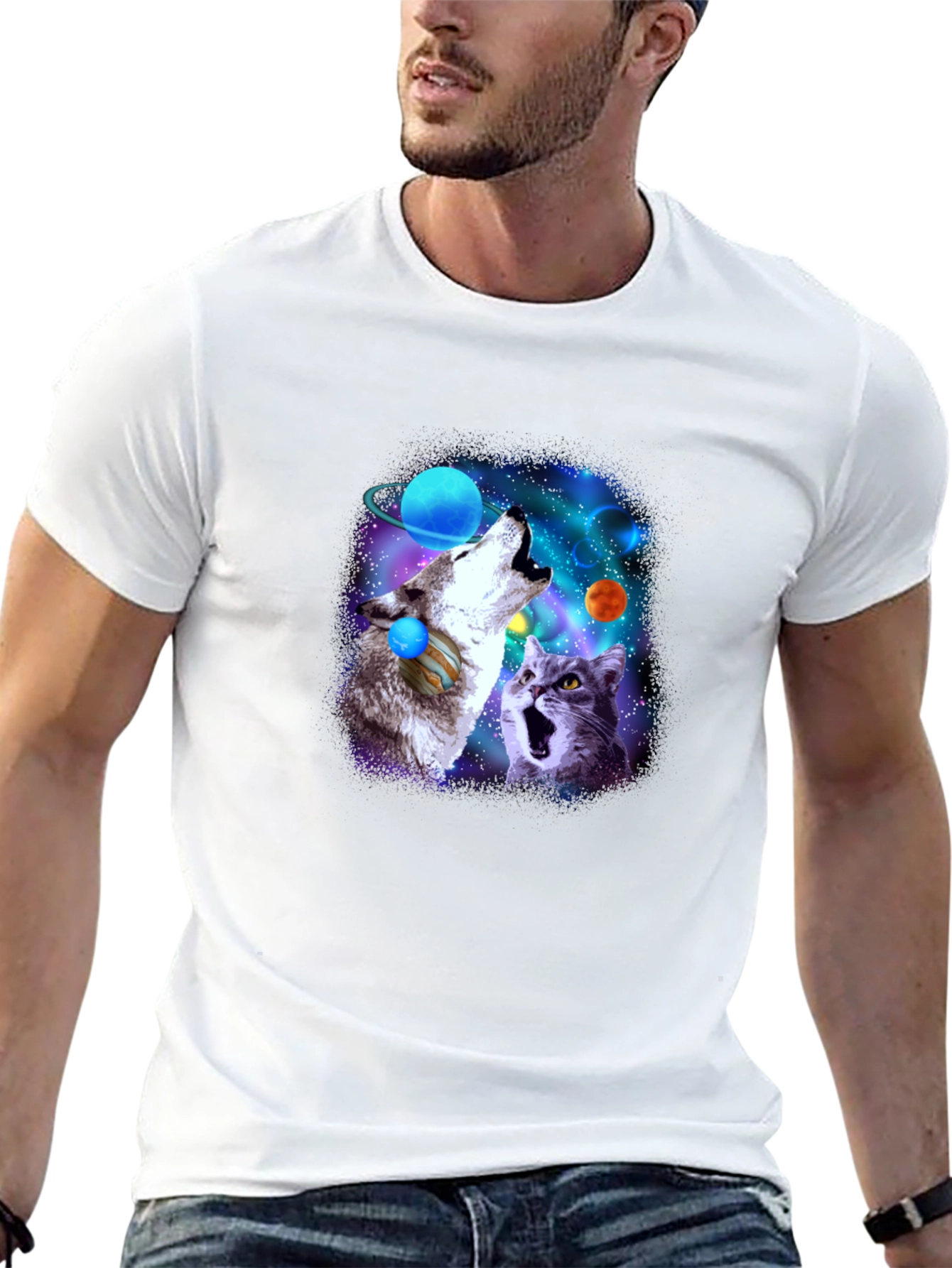 Galaxy Wolf and Cat Graphic Tee