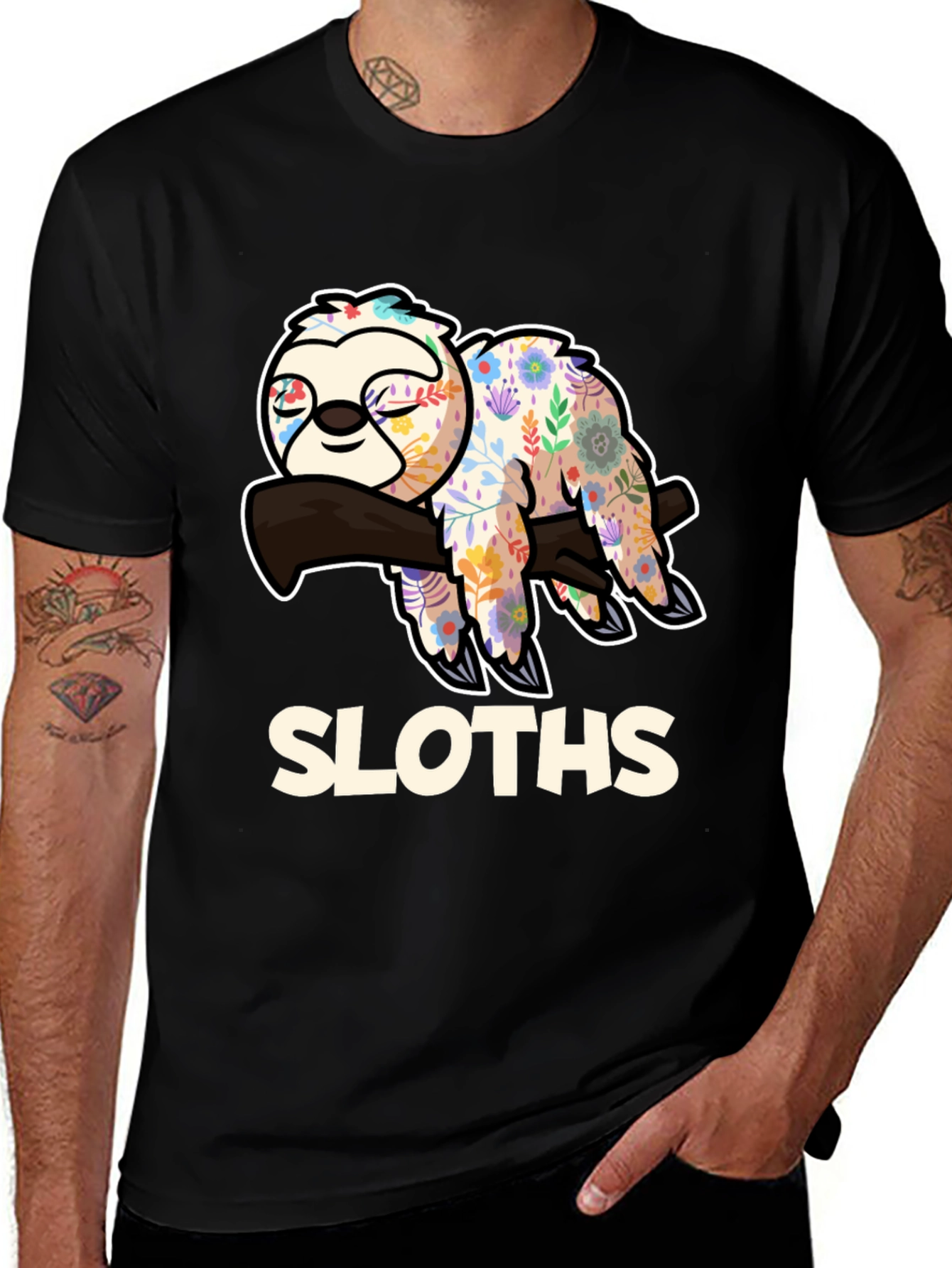 Floral Sloth Graphic Tee - Relaxed Fit Black T-Shirt