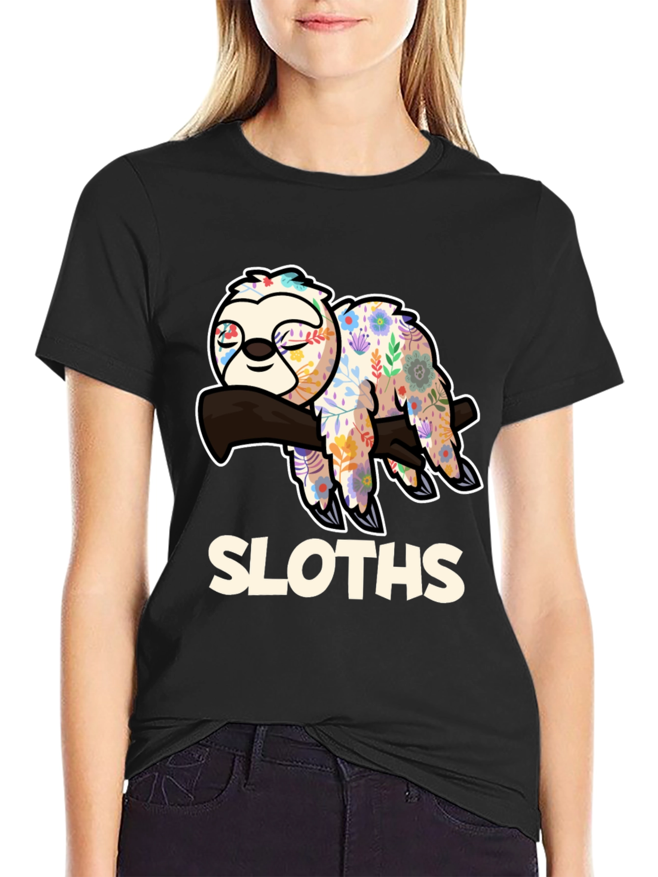 Floral Sloth Graphic Tee - Relaxed Fit Black T-Shirt