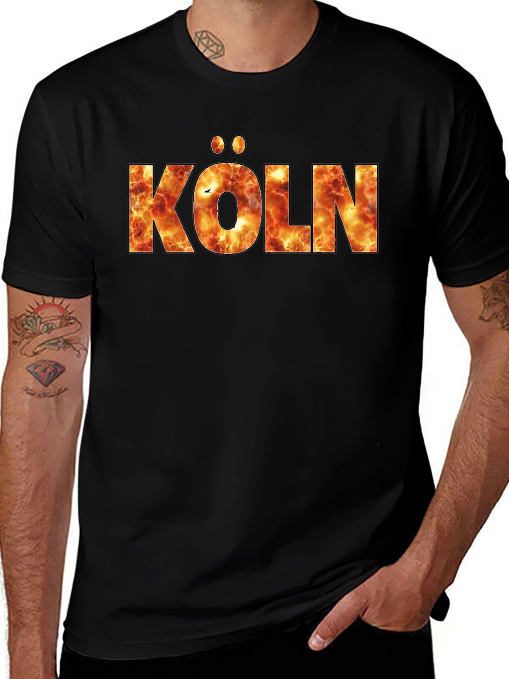 Köln Fire Print T-Shirt - Black Crew Neck