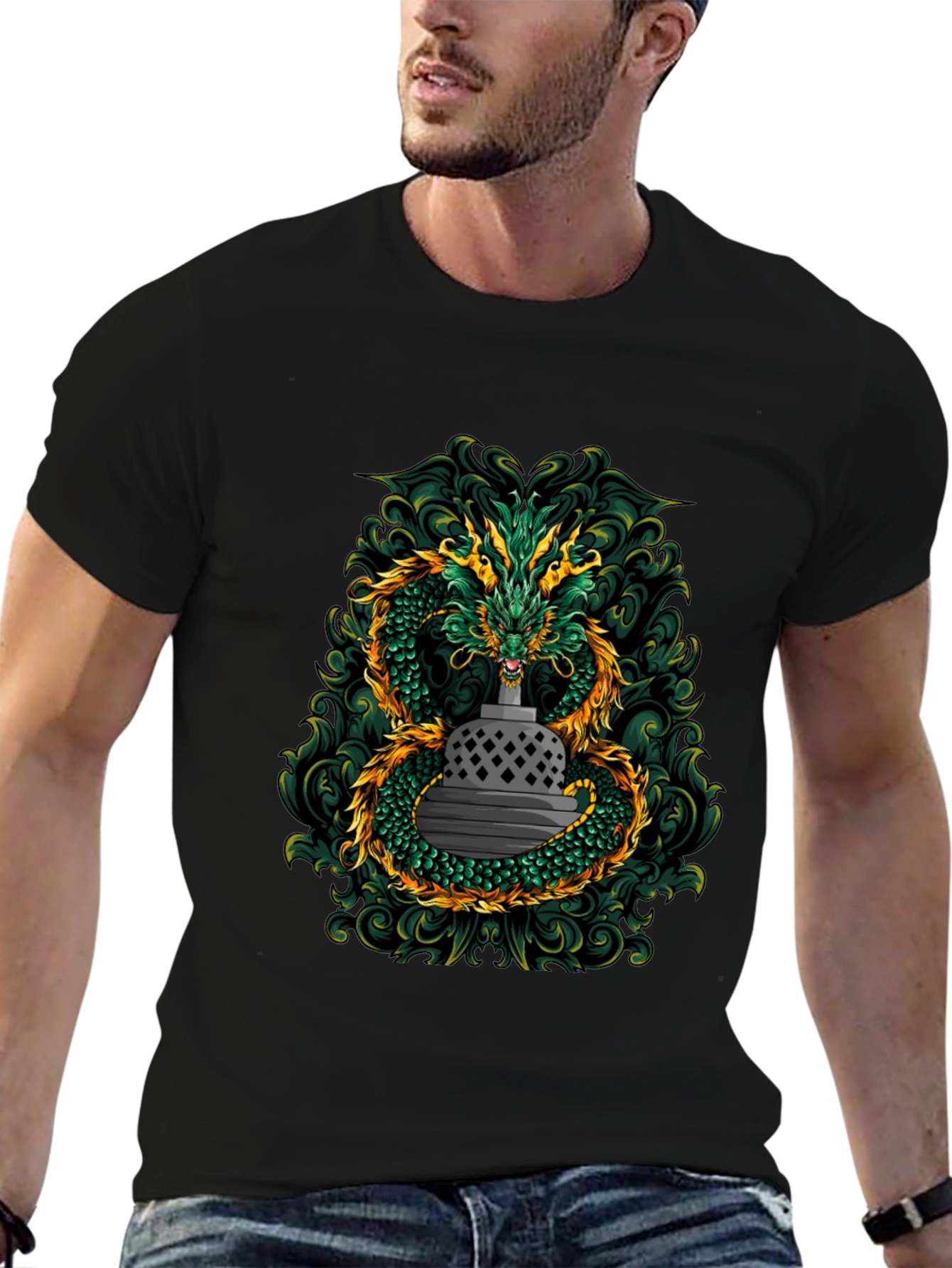 Dragon & Temple Graphic Tee - Black Cotton Blend