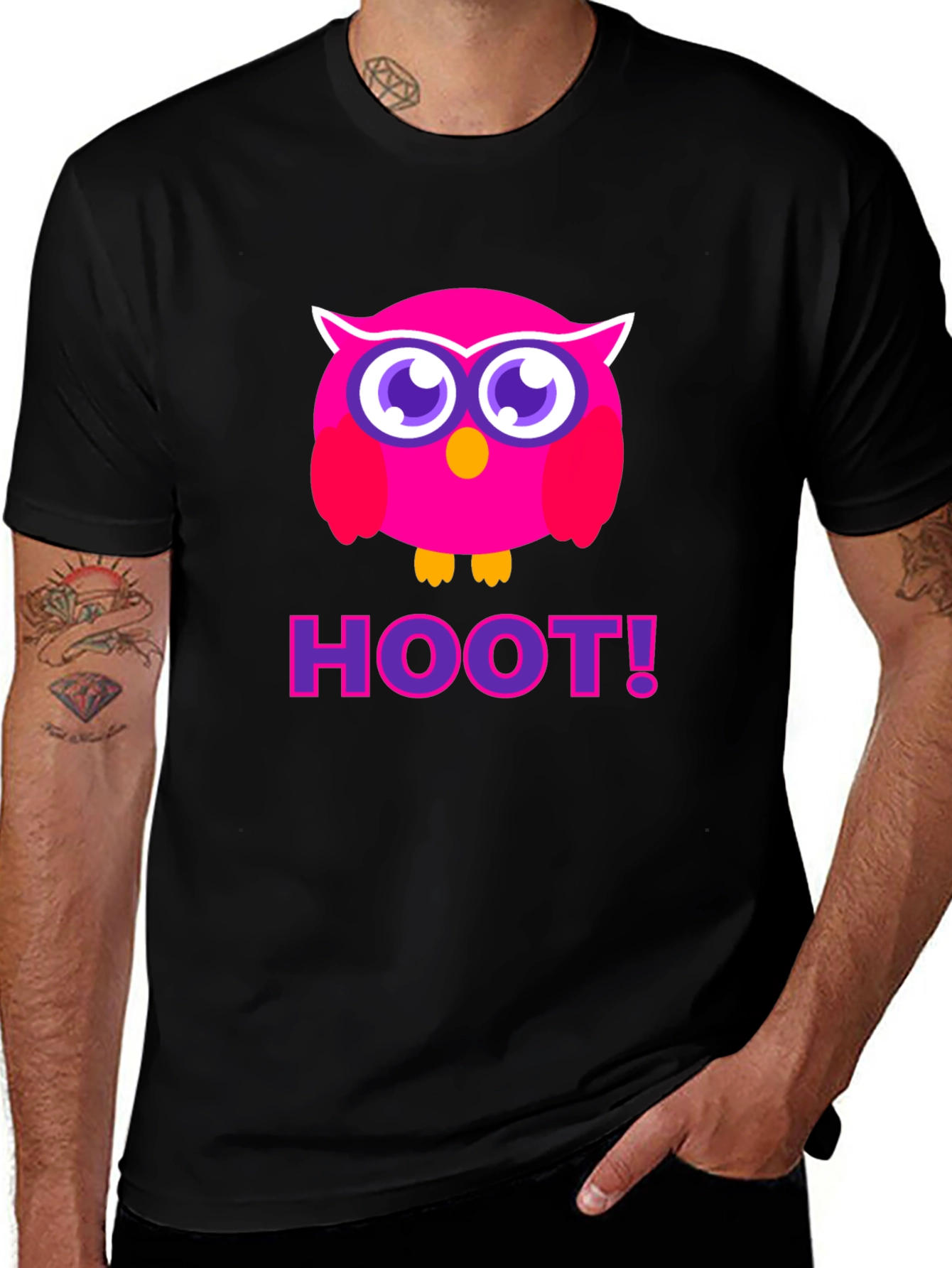 Pink Owl Hoot T-Shirt - Black Cotton Tee