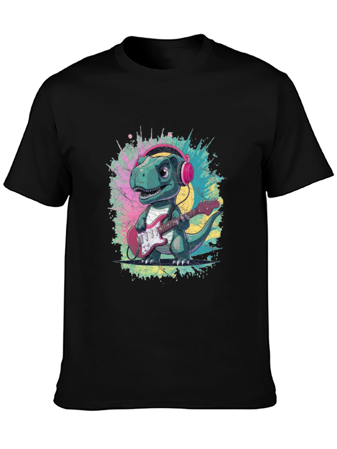 Dino Rock T-Shirt: Guitar Playing Dinosaur with Headphones