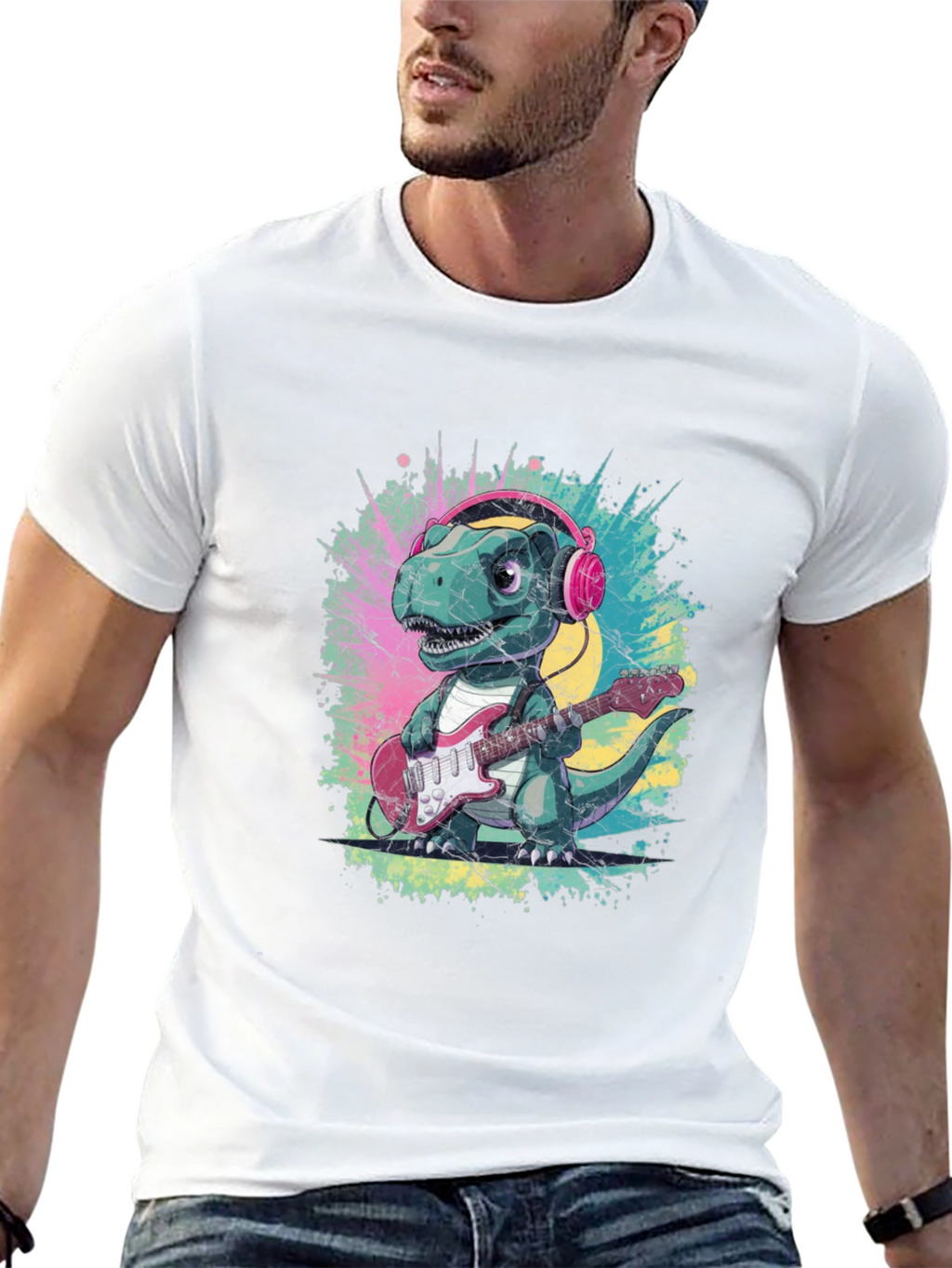 Dino Rock T-Shirt: Guitar Playing Dinosaur with Headphones