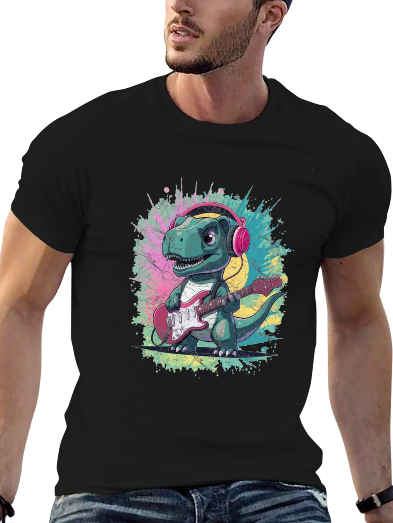 Dino Rock T-Shirt: Guitar Playing Dinosaur with Headphones