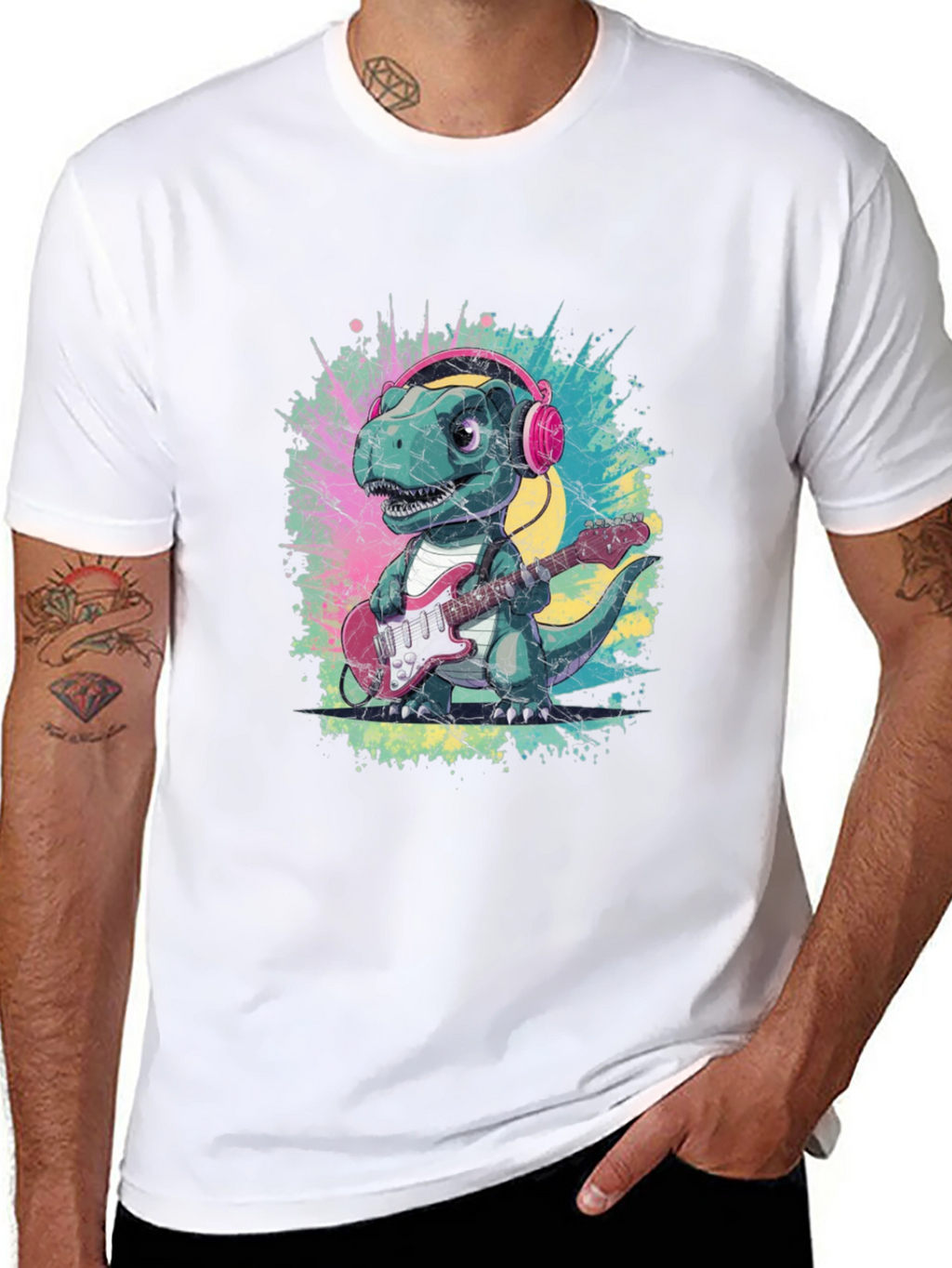Dino Rock T-Shirt: Guitar Playing Dinosaur with Headphones