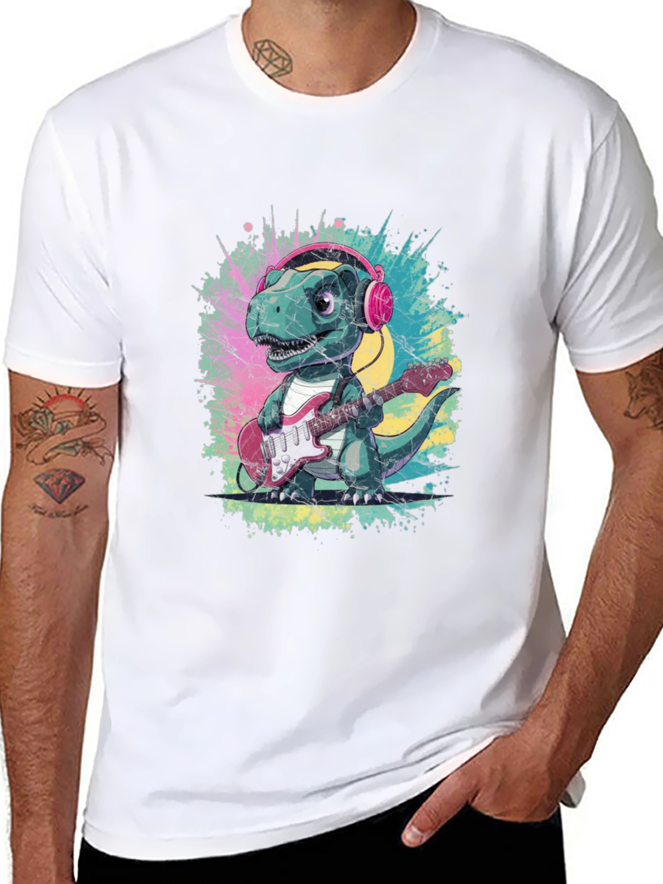 Dino Rock T-Shirt: Guitar Playing Dinosaur with Headphones
