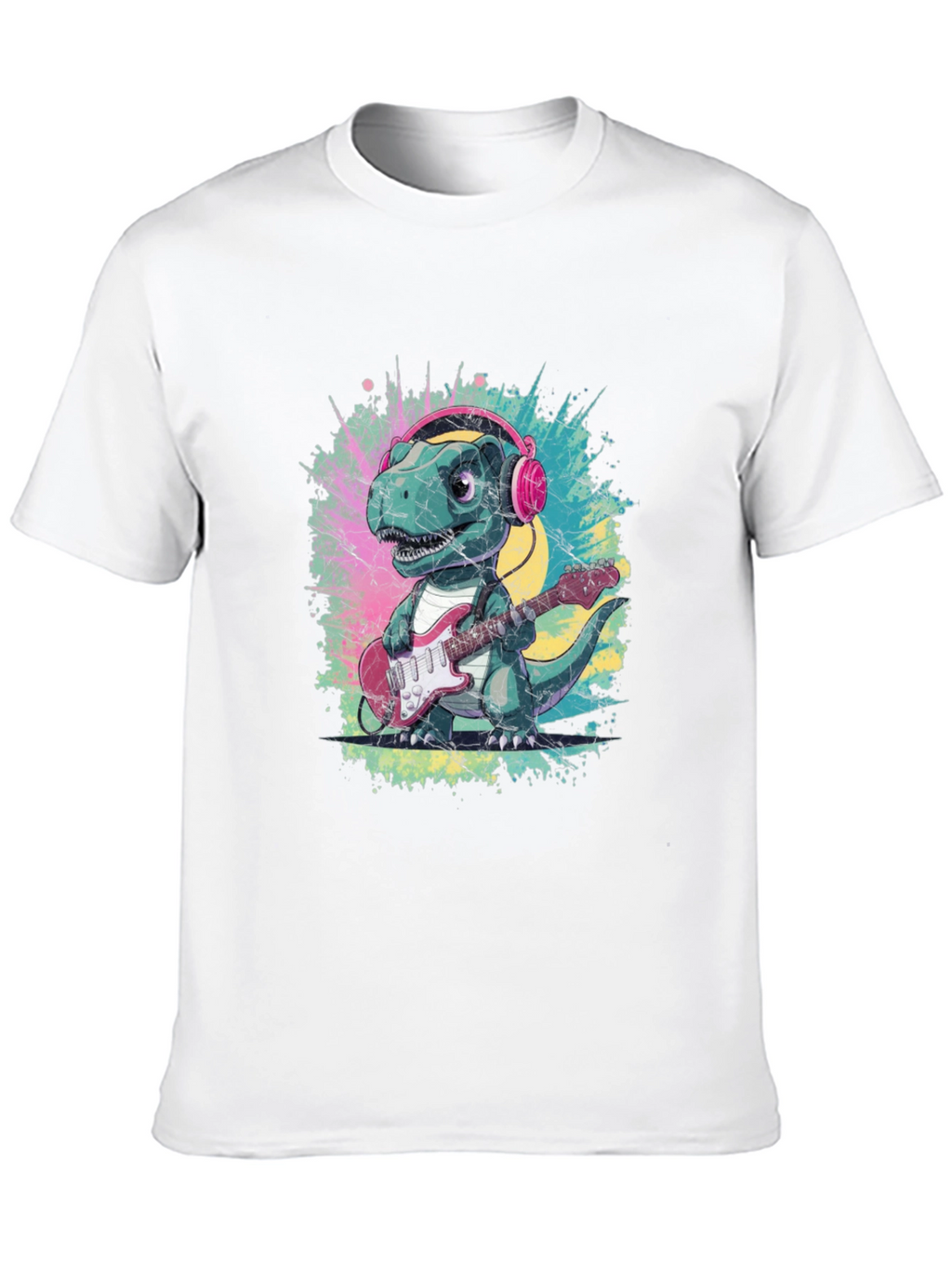 Dino Rock T-Shirt: Guitar Playing Dinosaur with Headphones
