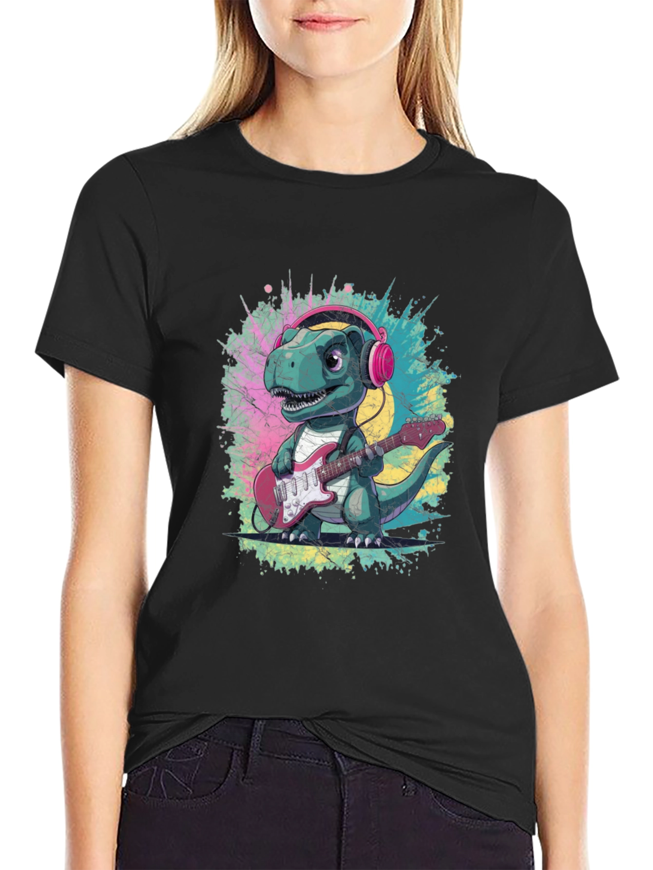 Dino Rock T-Shirt: Guitar Playing Dinosaur with Headphones