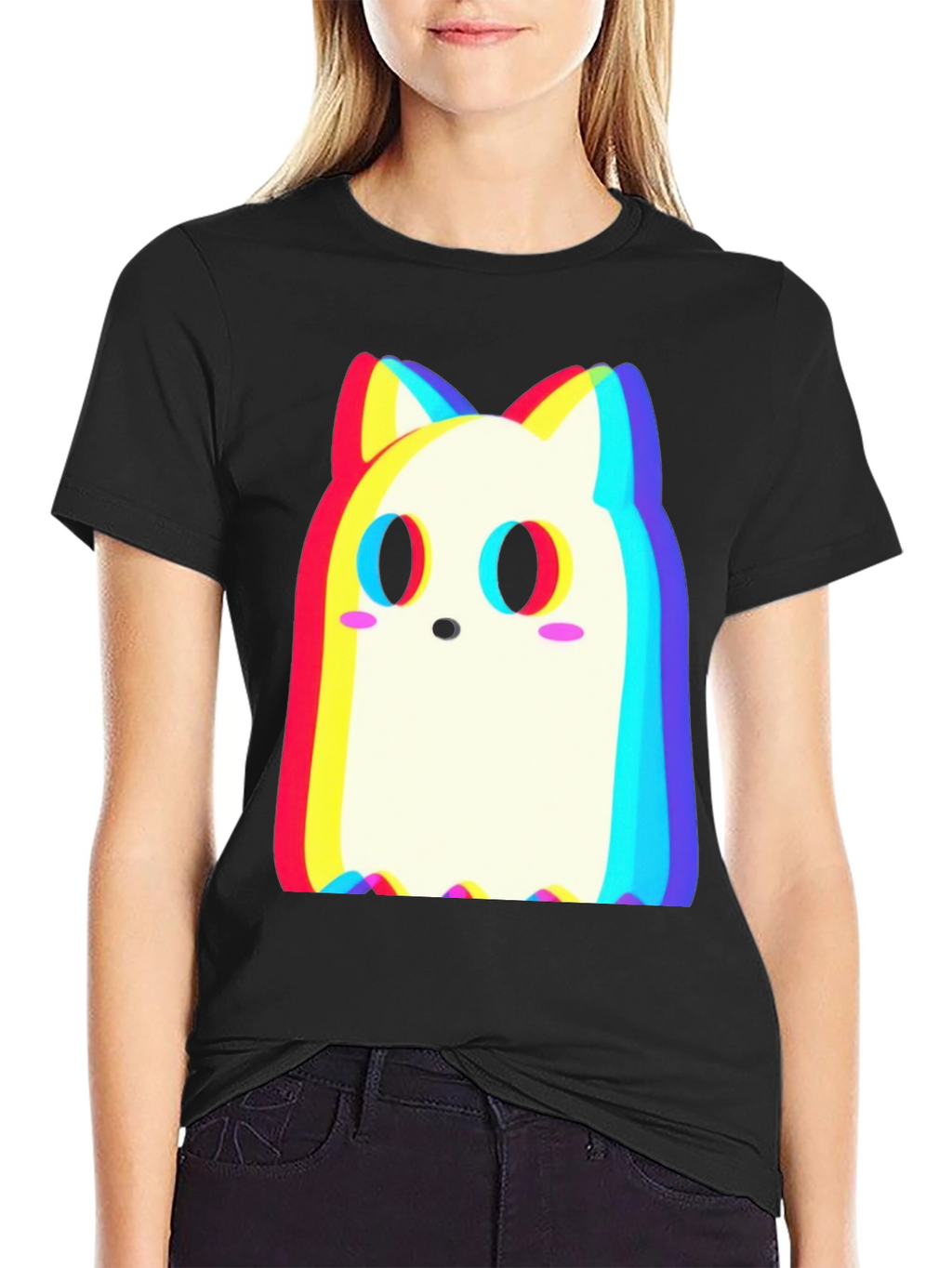 Cute Ghost Cat T-Shirt - Glitch Style