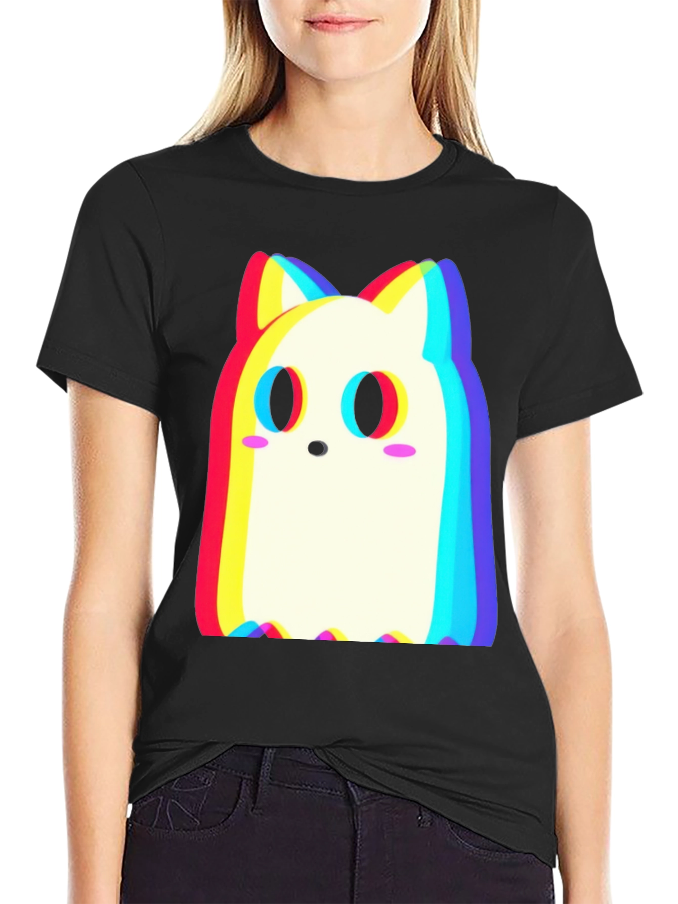 Cute Ghost Cat T-Shirt - Glitch Style