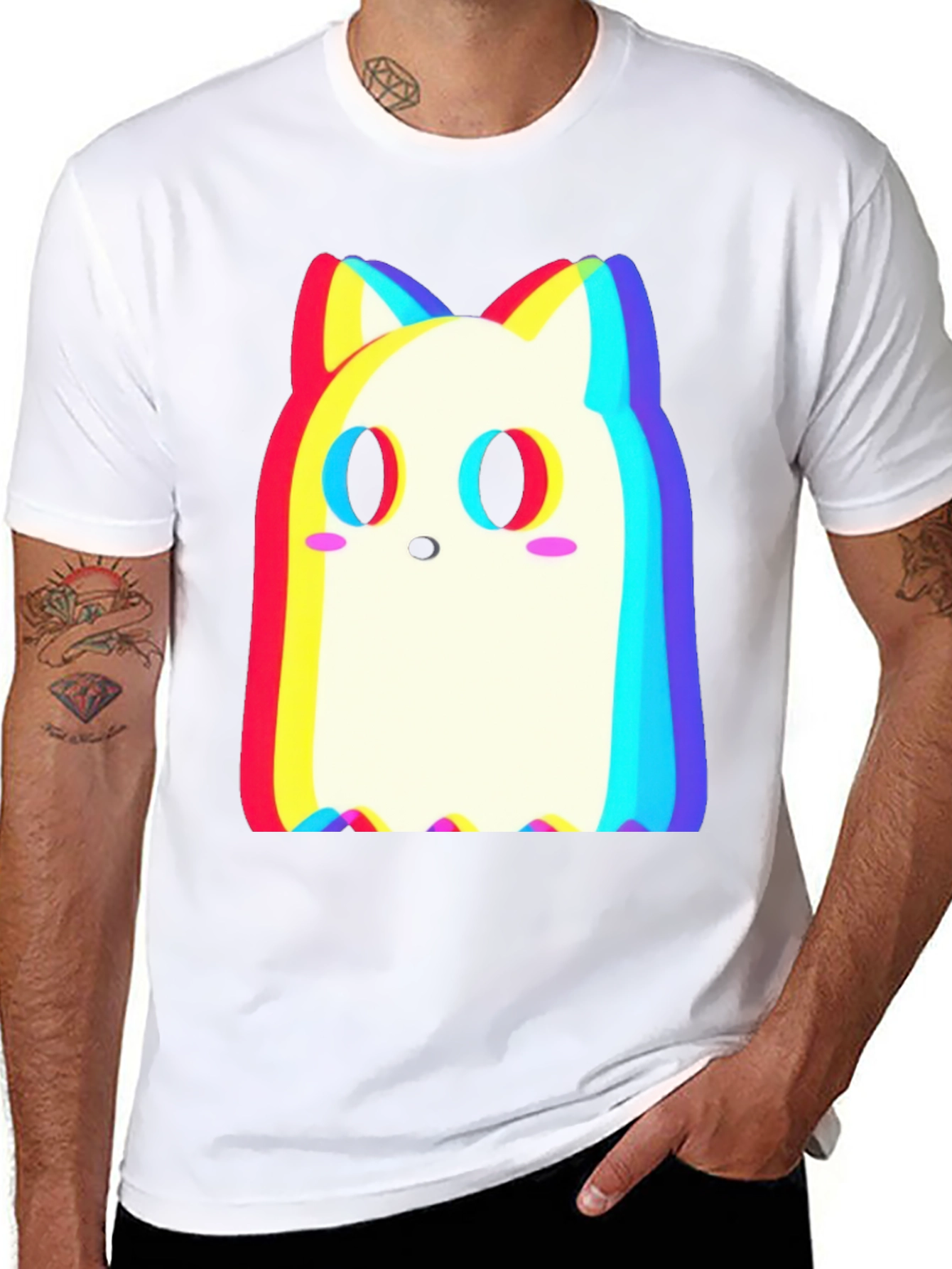 Cute Ghost Cat T-Shirt - Glitch Style