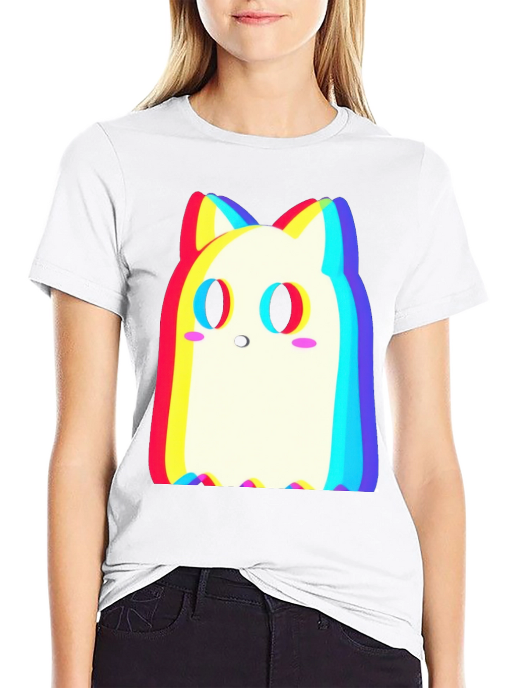 Cute Ghost Cat T-Shirt - Glitch Style