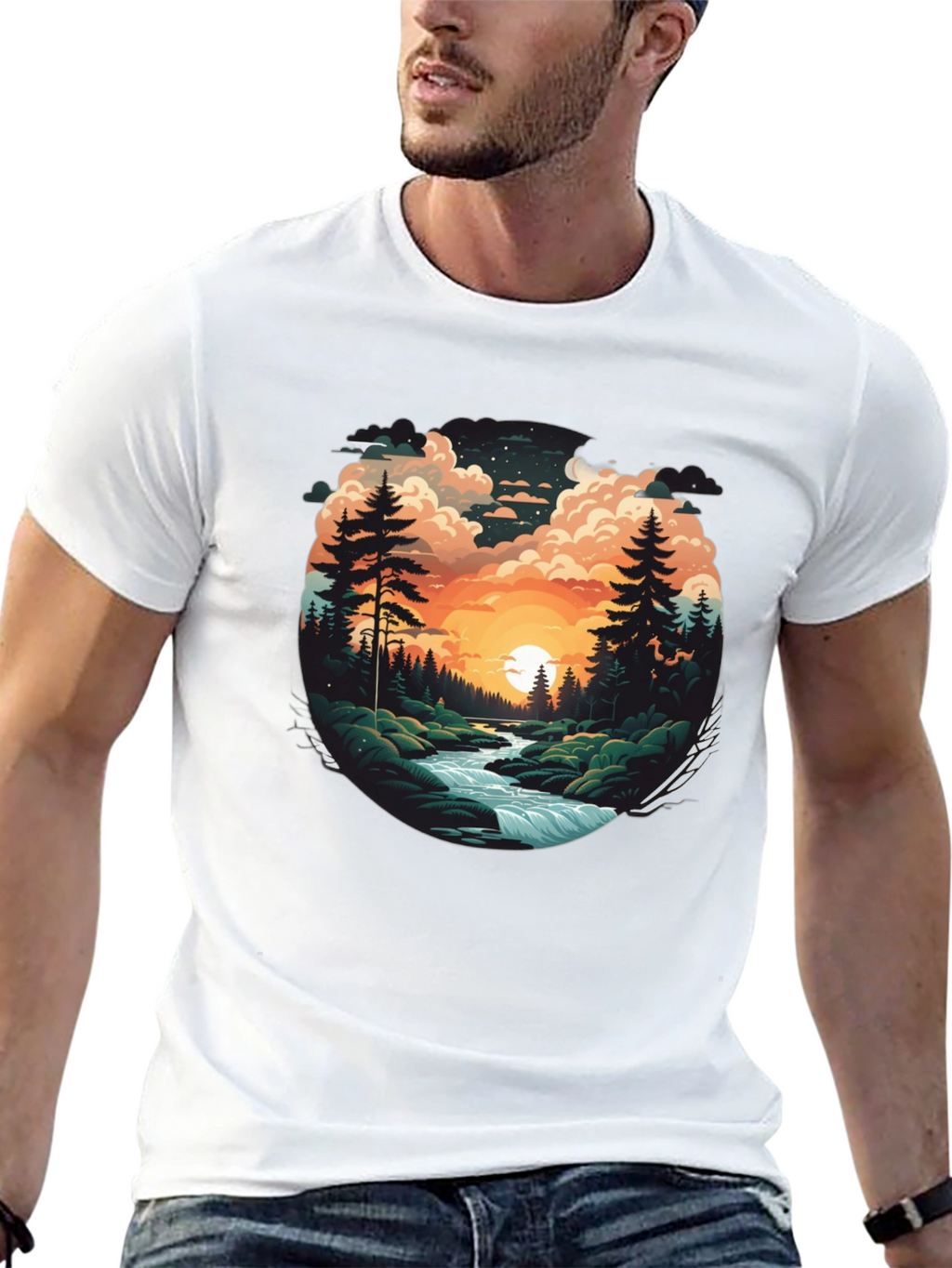 Nature River Sunset Graphic T-Shirt