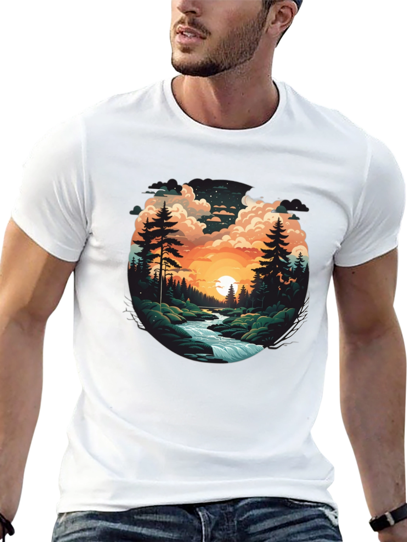 Nature River Sunset Graphic T-Shirt